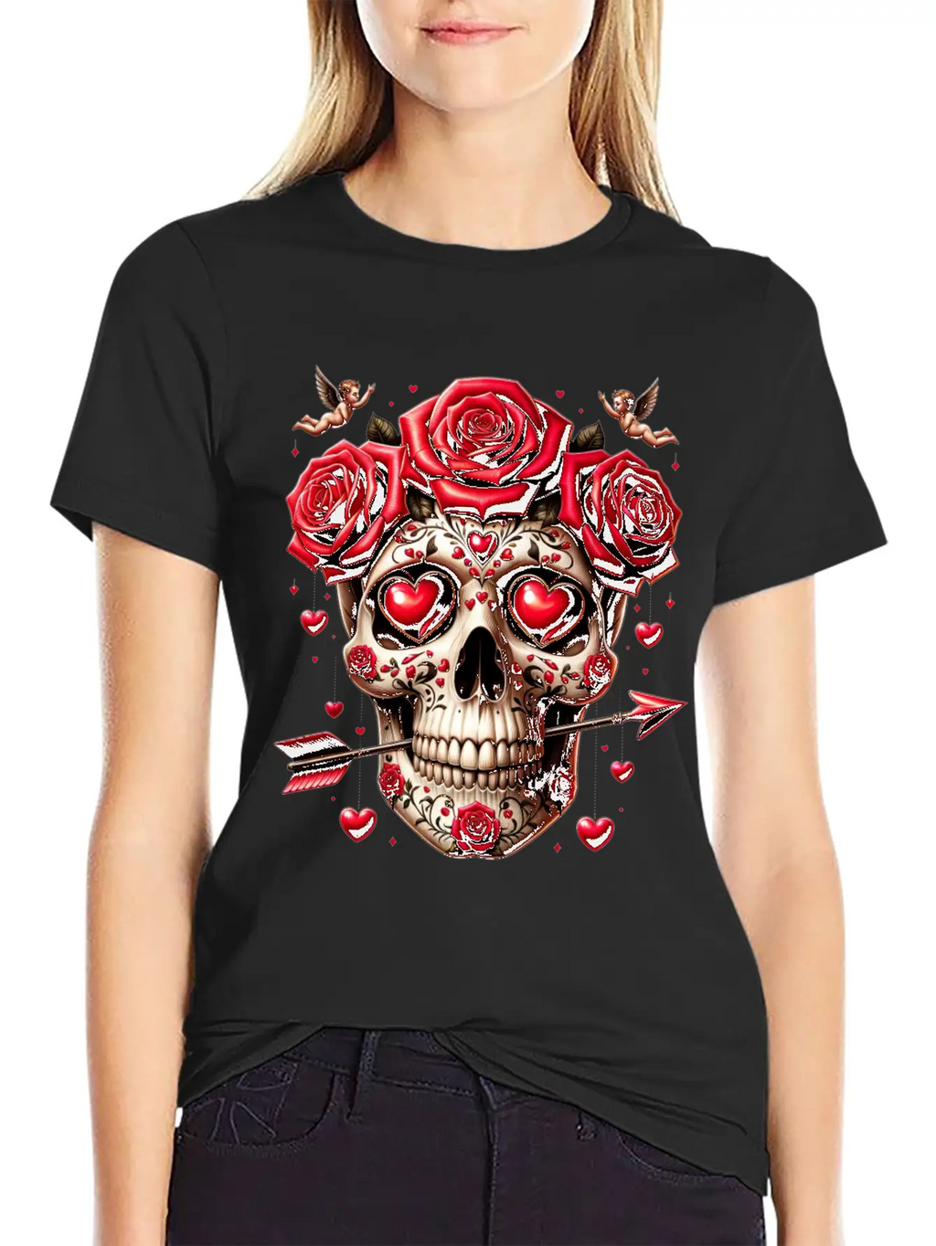 Cupid’s Skull T Shirt Love Arrow Valentine Skull Essential Cotton Tee For Daily Outfits – Unisex Style