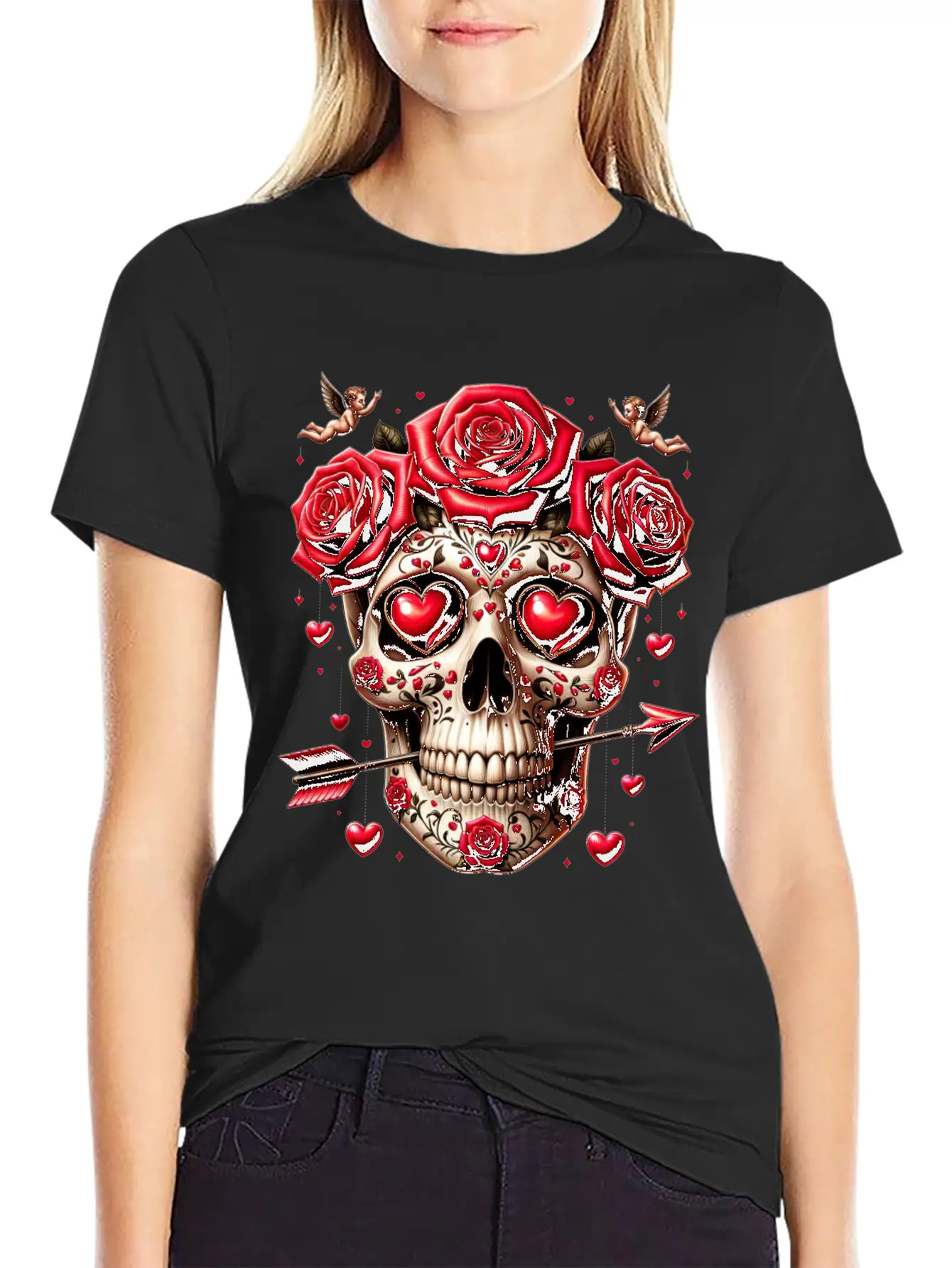 Cupid’s Skull T Shirt Love Arrow Valentine Skull Essential Cotton Tee For Daily Outfits – Unisex Style