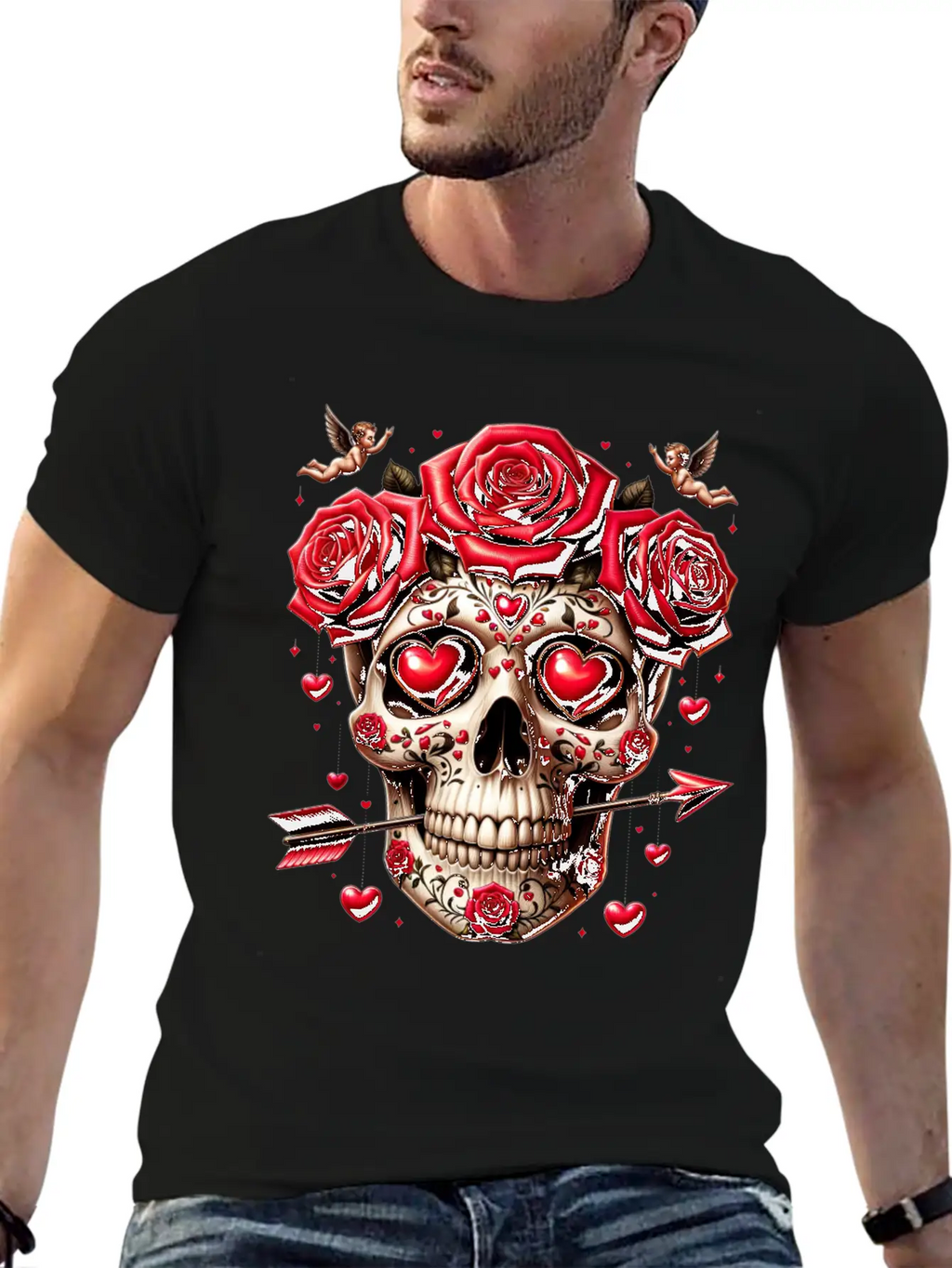 Cupid’s Skull T Shirt Love Arrow Valentine Skull Essential Cotton Tee For Daily Outfits – Unisex Style