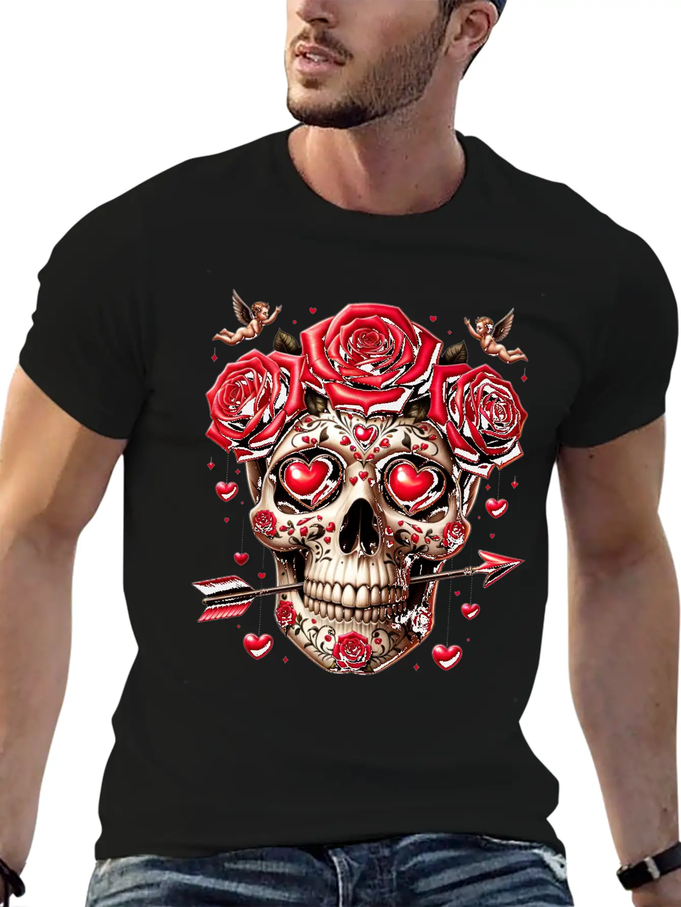 Cupid’s Skull T Shirt Love Arrow Valentine Skull Essential Cotton Tee For Daily Outfits – Unisex Style