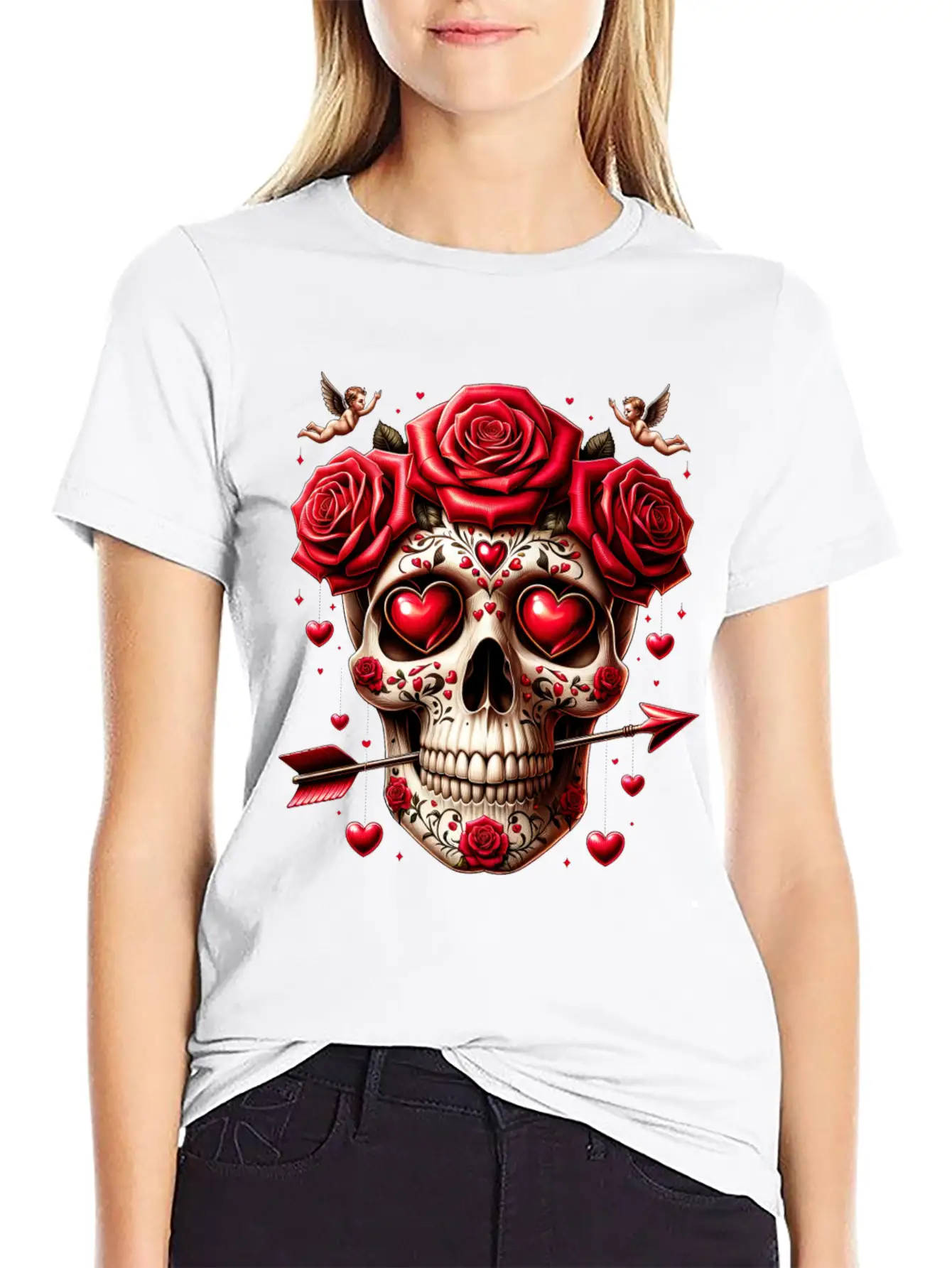 Cupid’s Skull T Shirt Love Arrow Valentine Skull Essential Cotton Tee For Daily Outfits – Unisex Style