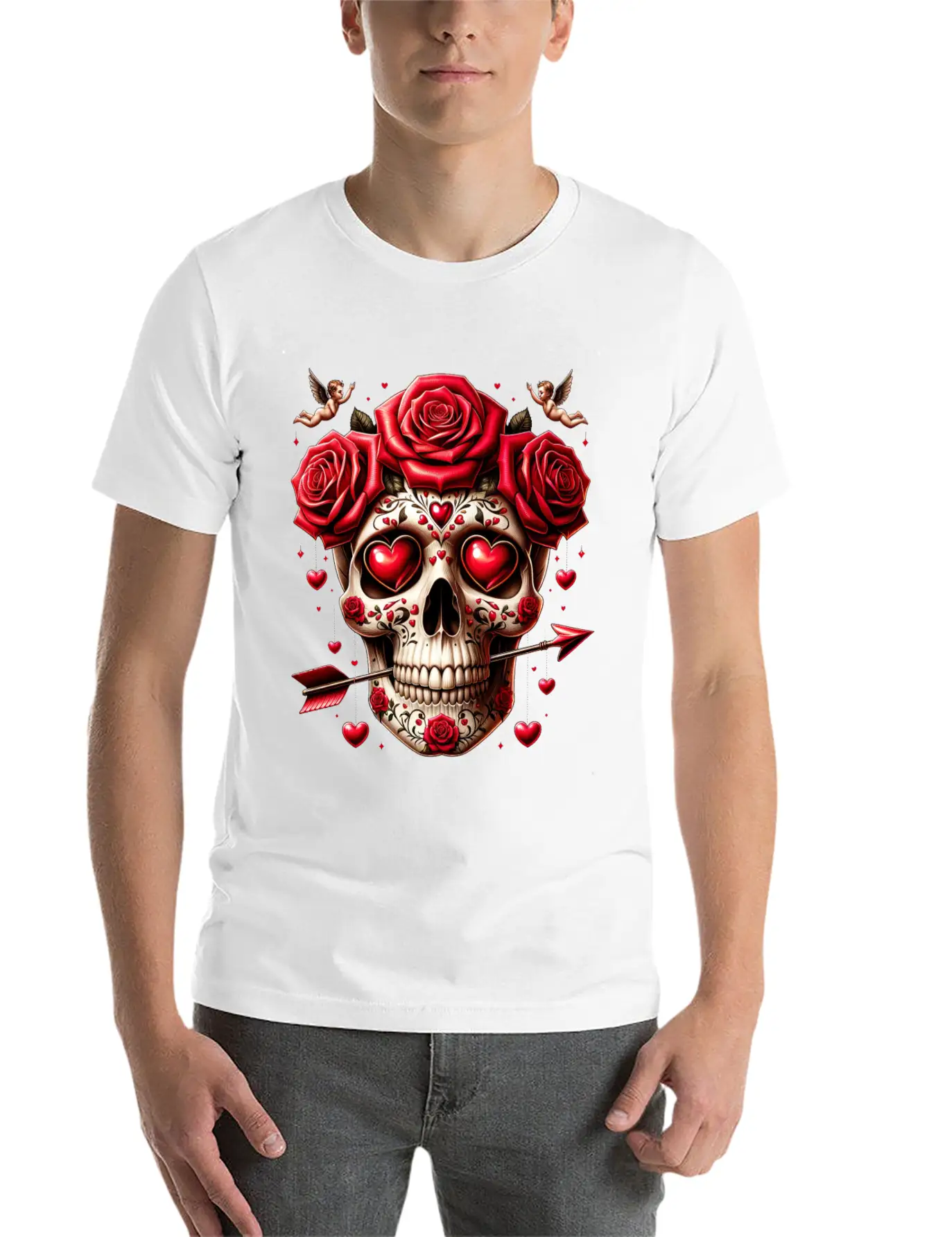Cupid’s Skull T Shirt Love Arrow Valentine Skull Essential Cotton Tee For Daily Outfits – Unisex Style