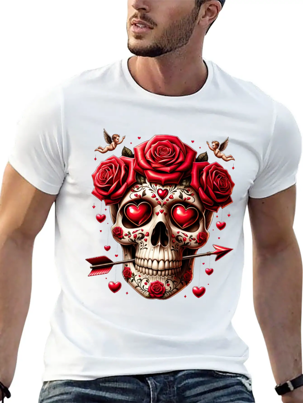 Cupid’s Skull T Shirt Love Arrow Valentine Skull Essential Cotton Tee For Daily Outfits – Unisex Style