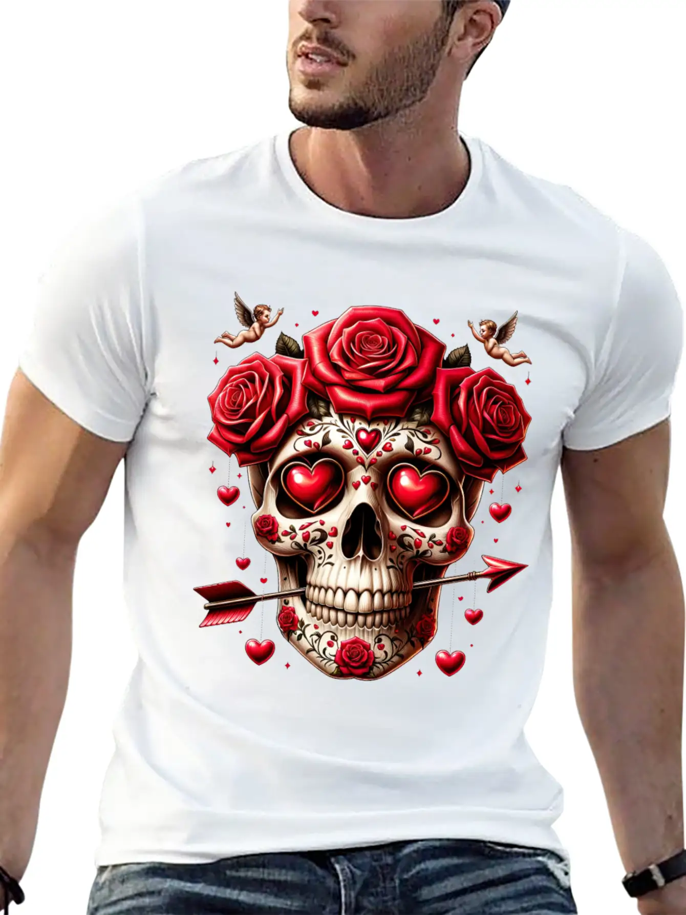 Cupid’s Skull T Shirt Love Arrow Valentine Skull Essential Cotton Tee For Daily Outfits – Unisex Style