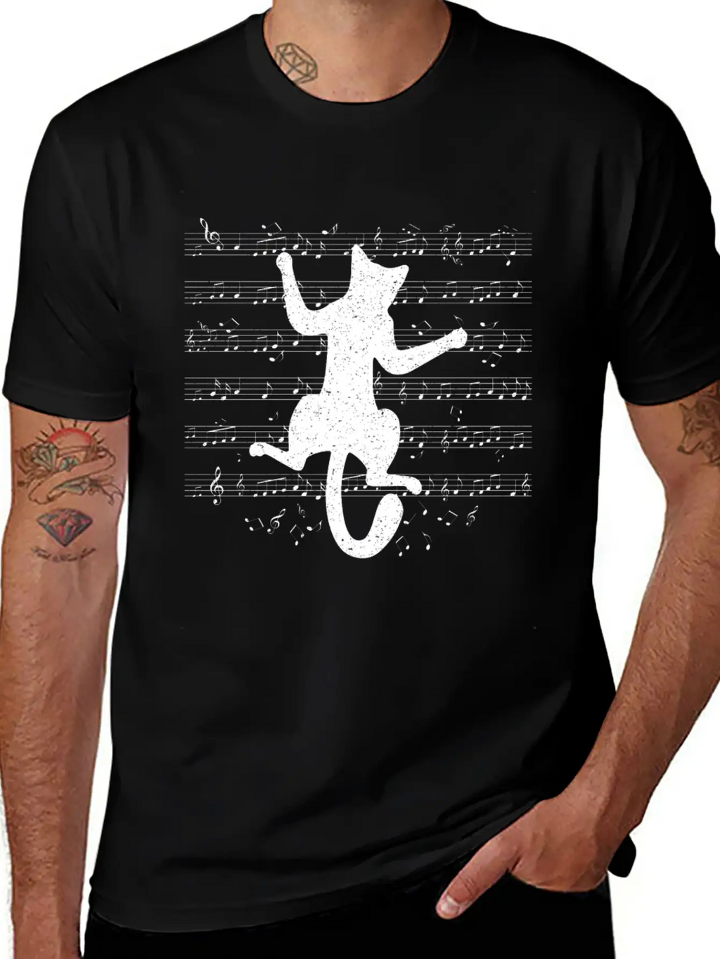 Cute Cat Playing On Musical Notes Musician Essential Cotton Tee For Daily Outfits – Unisex Style