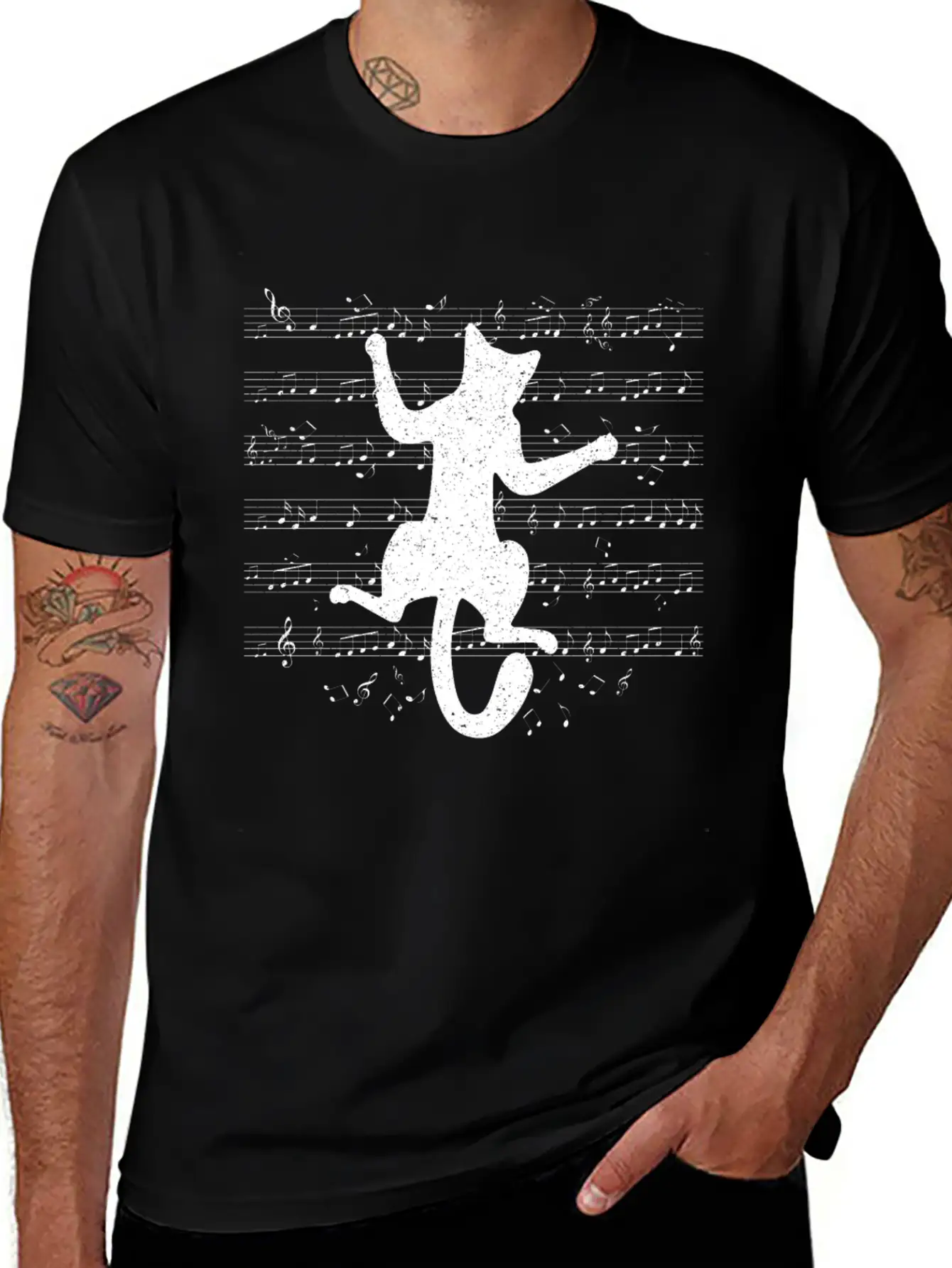Cute Cat Playing On Musical Notes Musician Essential Cotton Tee For Daily Outfits – Unisex Style