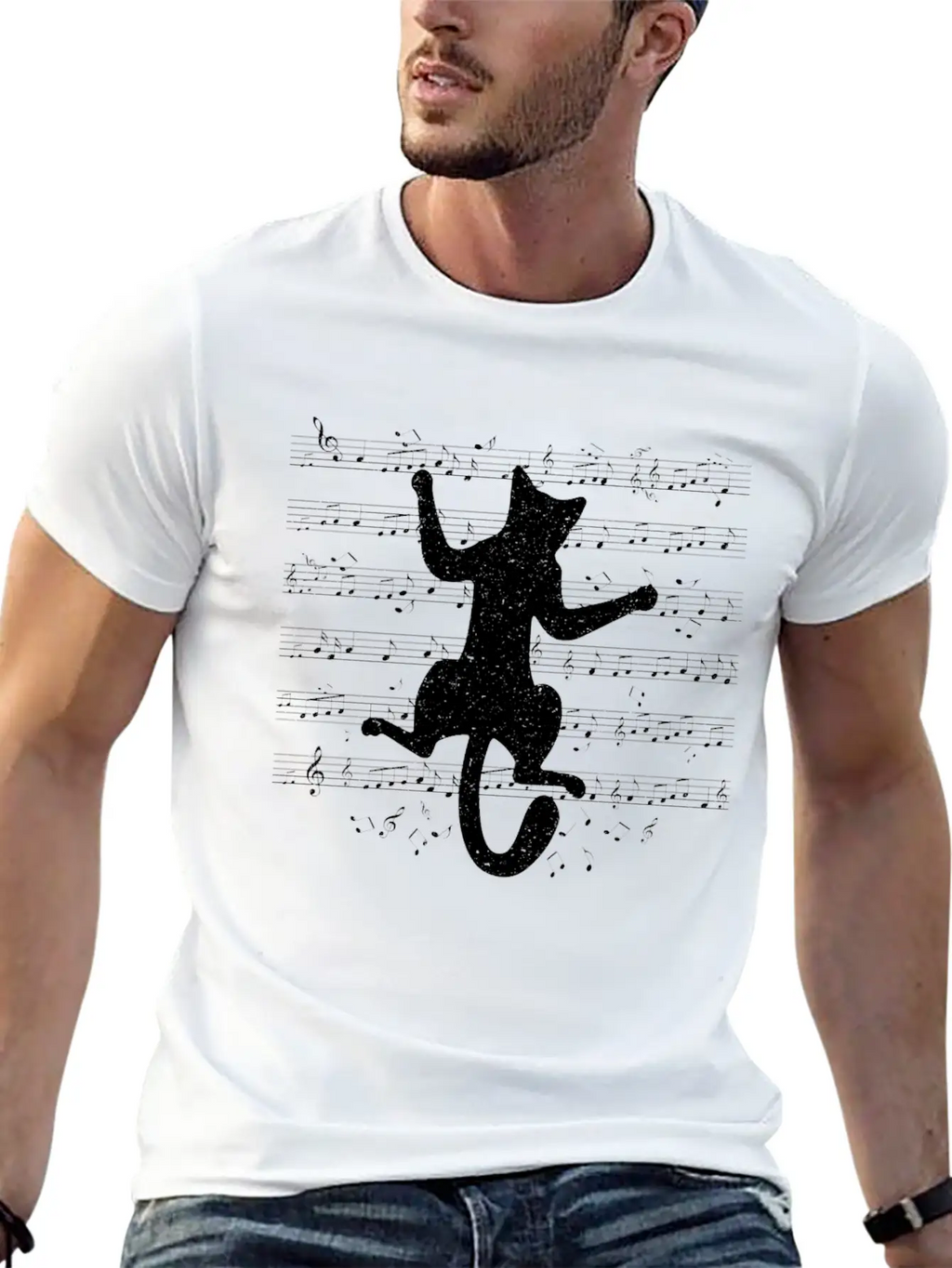 Cute Cat Playing On Musical Notes Musician Essential Cotton Tee For Daily Outfits – Unisex Style