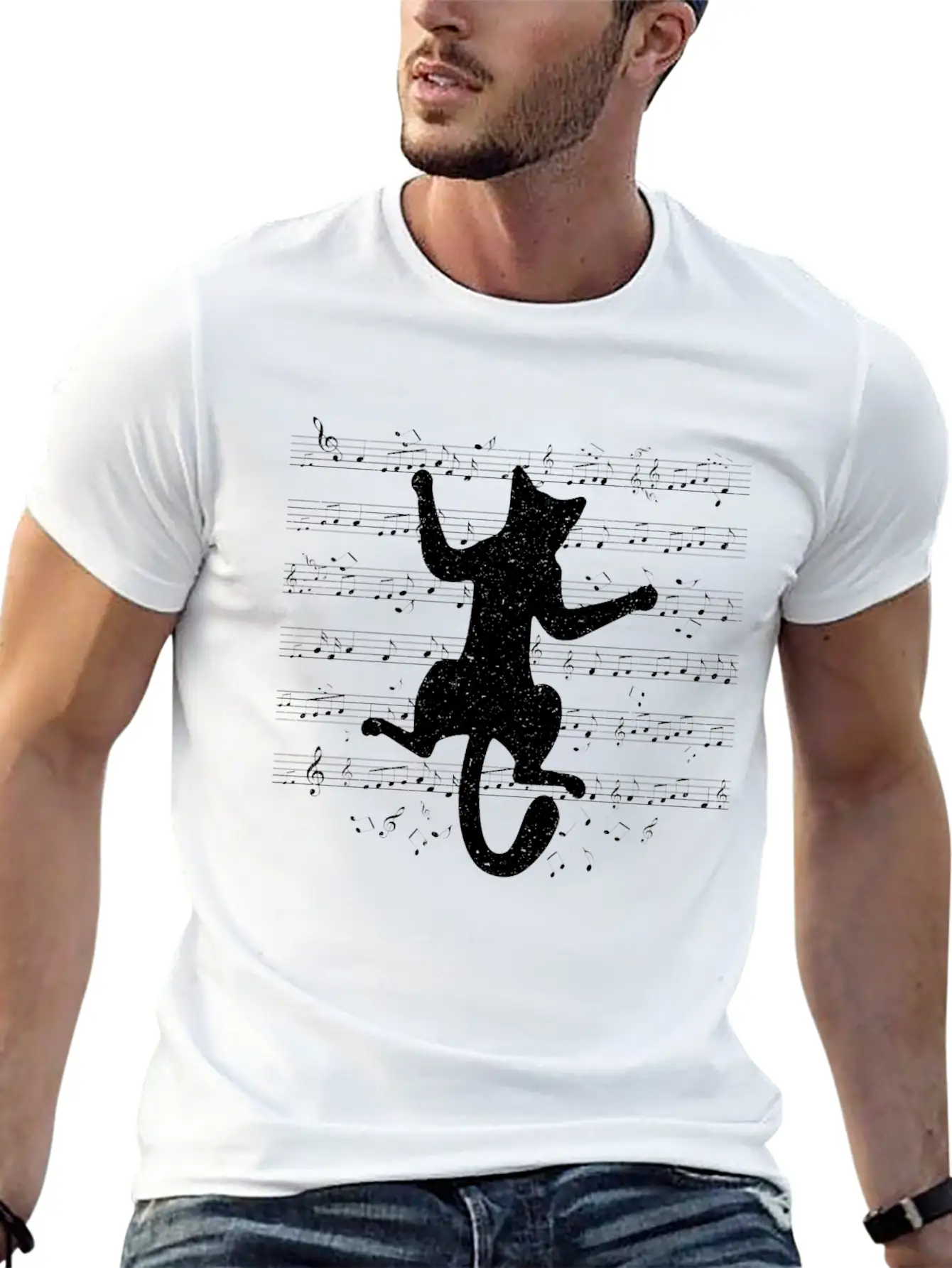 Cute Cat Playing On Musical Notes Musician Essential Cotton Tee For Daily Outfits – Unisex Style