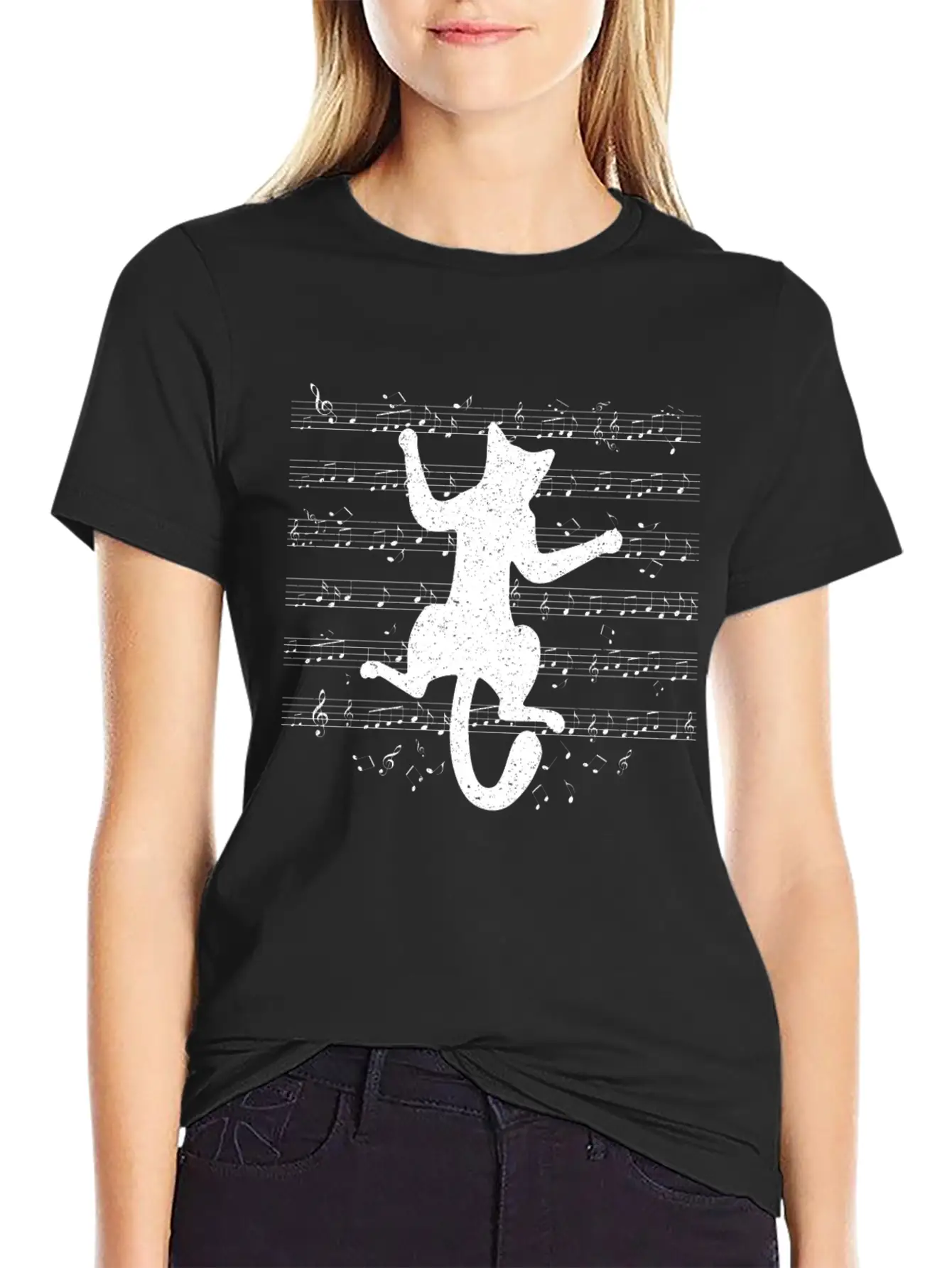 Cute Cat Playing On Musical Notes Musician Essential Cotton Tee For Daily Outfits – Unisex Style