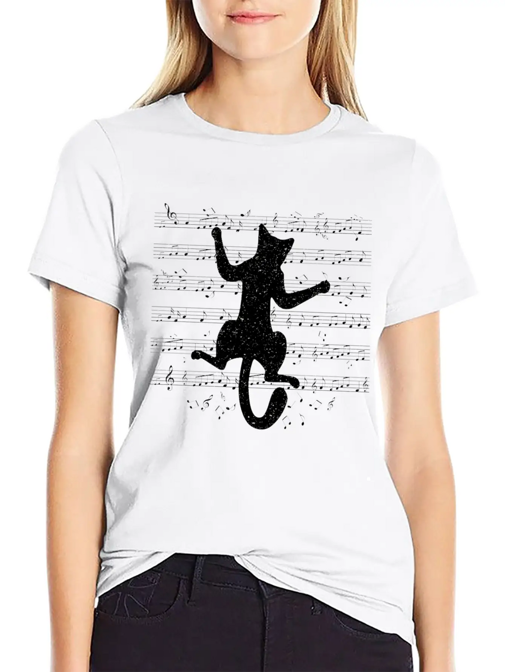 Cute Cat Playing On Musical Notes Musician Essential Cotton Tee For Daily Outfits – Unisex Style
