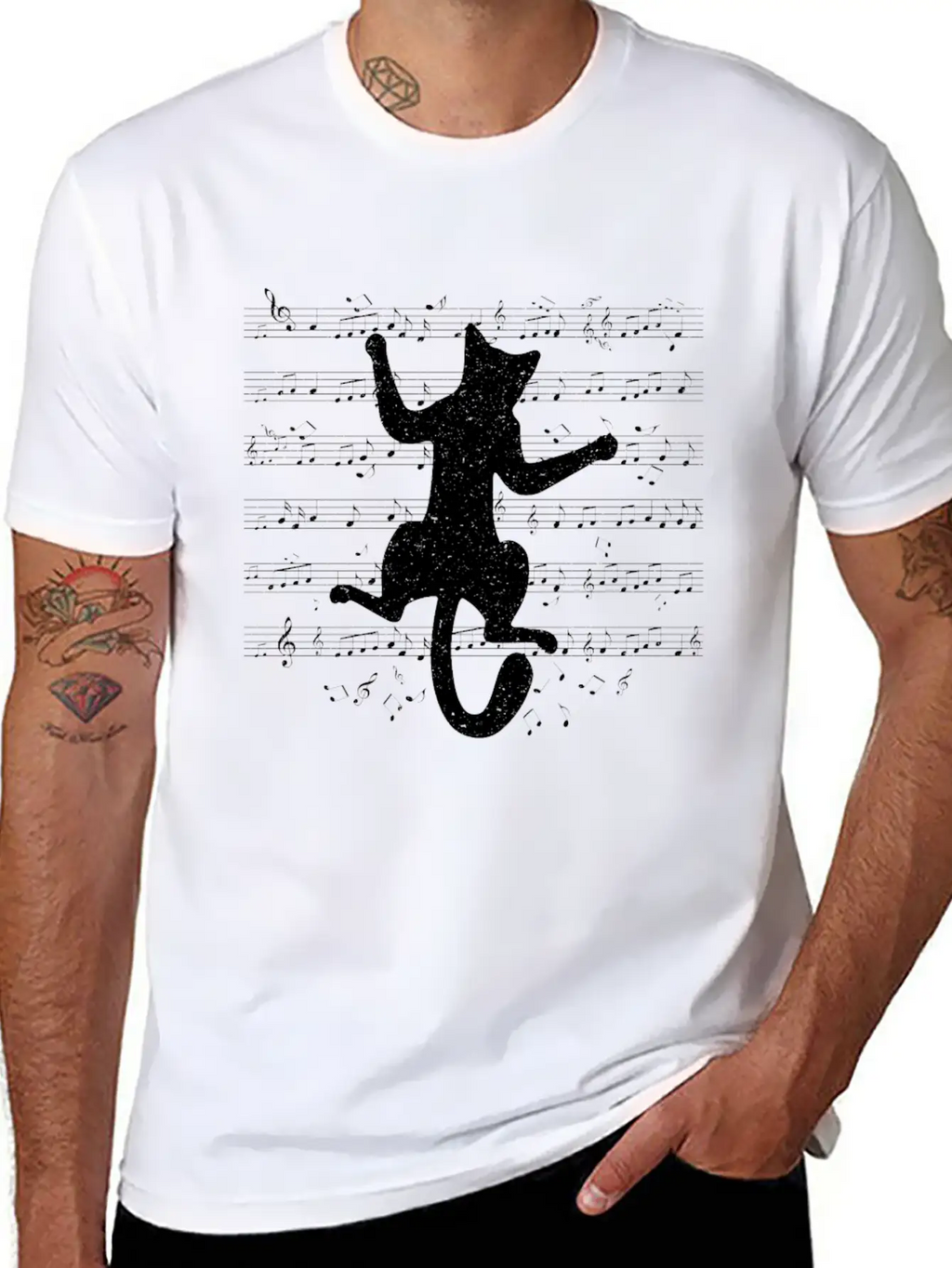 Cute Cat Playing On Musical Notes Musician Essential Cotton Tee For Daily Outfits – Unisex Style