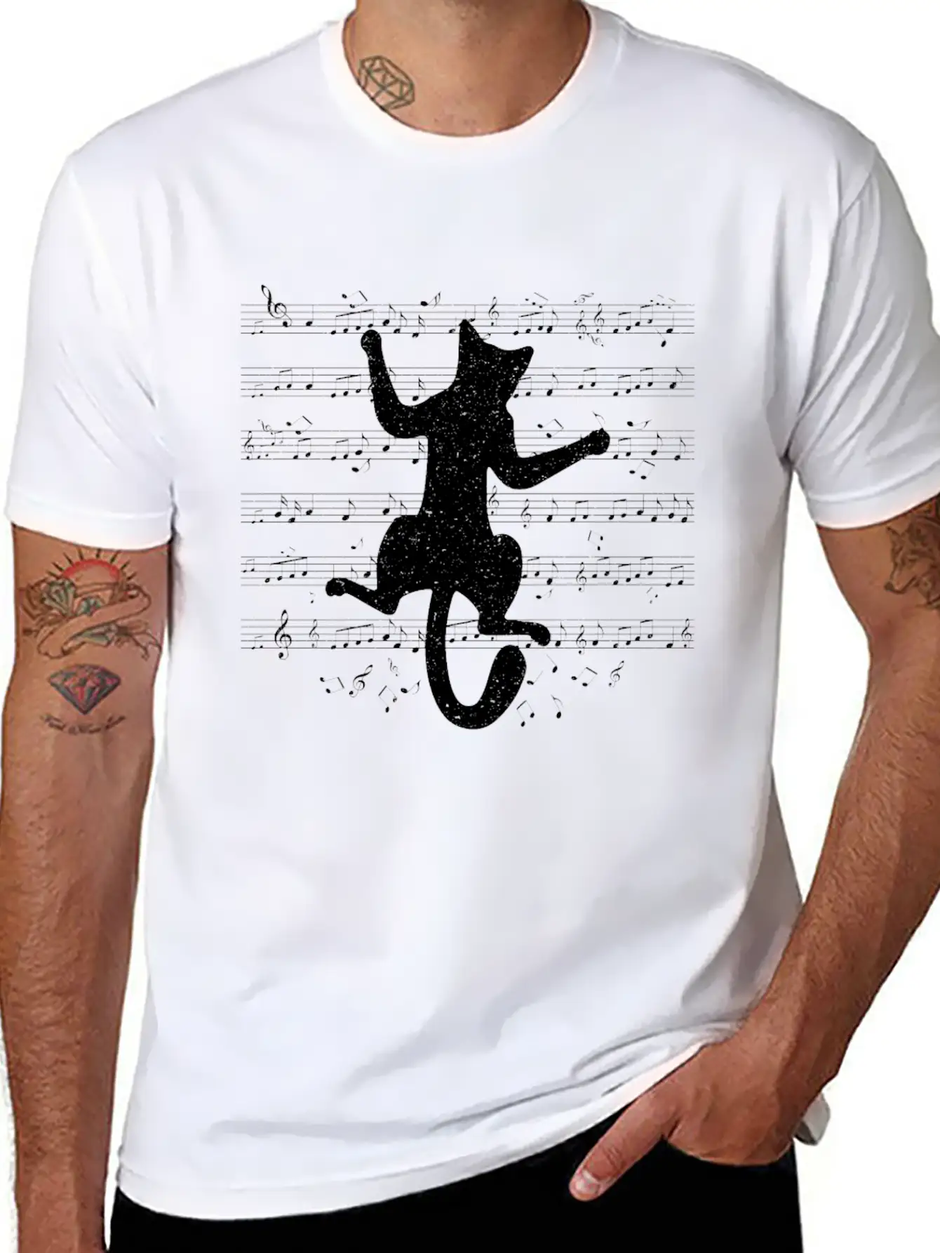 Cute Cat Playing On Musical Notes Musician Essential Cotton Tee For Daily Outfits – Unisex Style