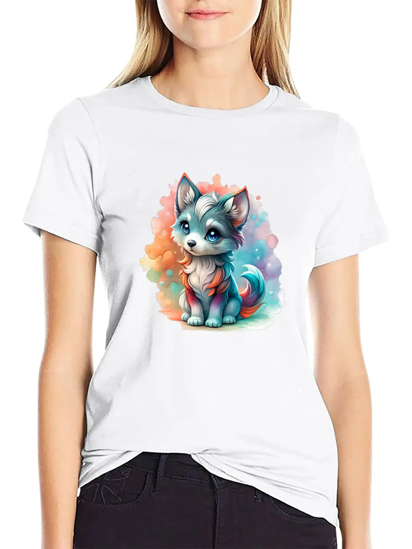 Cute Chibi Grey Wolf For Wolf Lovers - White Essential Cotton Tee For Daily Outfits – Unisex Style