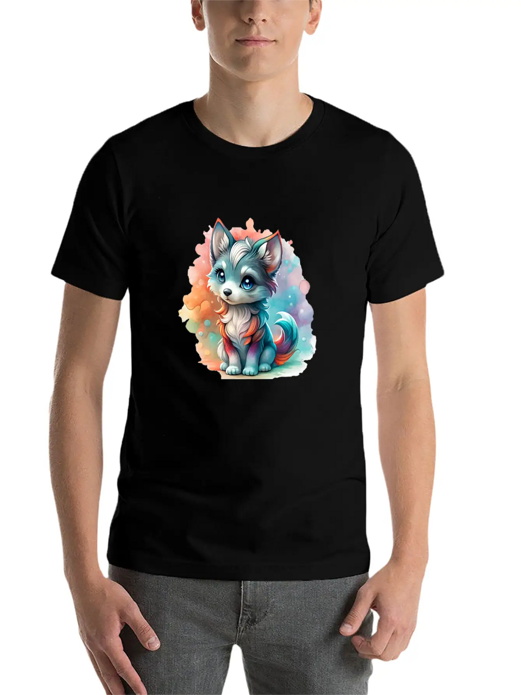 Cute Chibi Grey Wolf For Wolf Lovers - White Essential Cotton Tee For Daily Outfits – Unisex Style