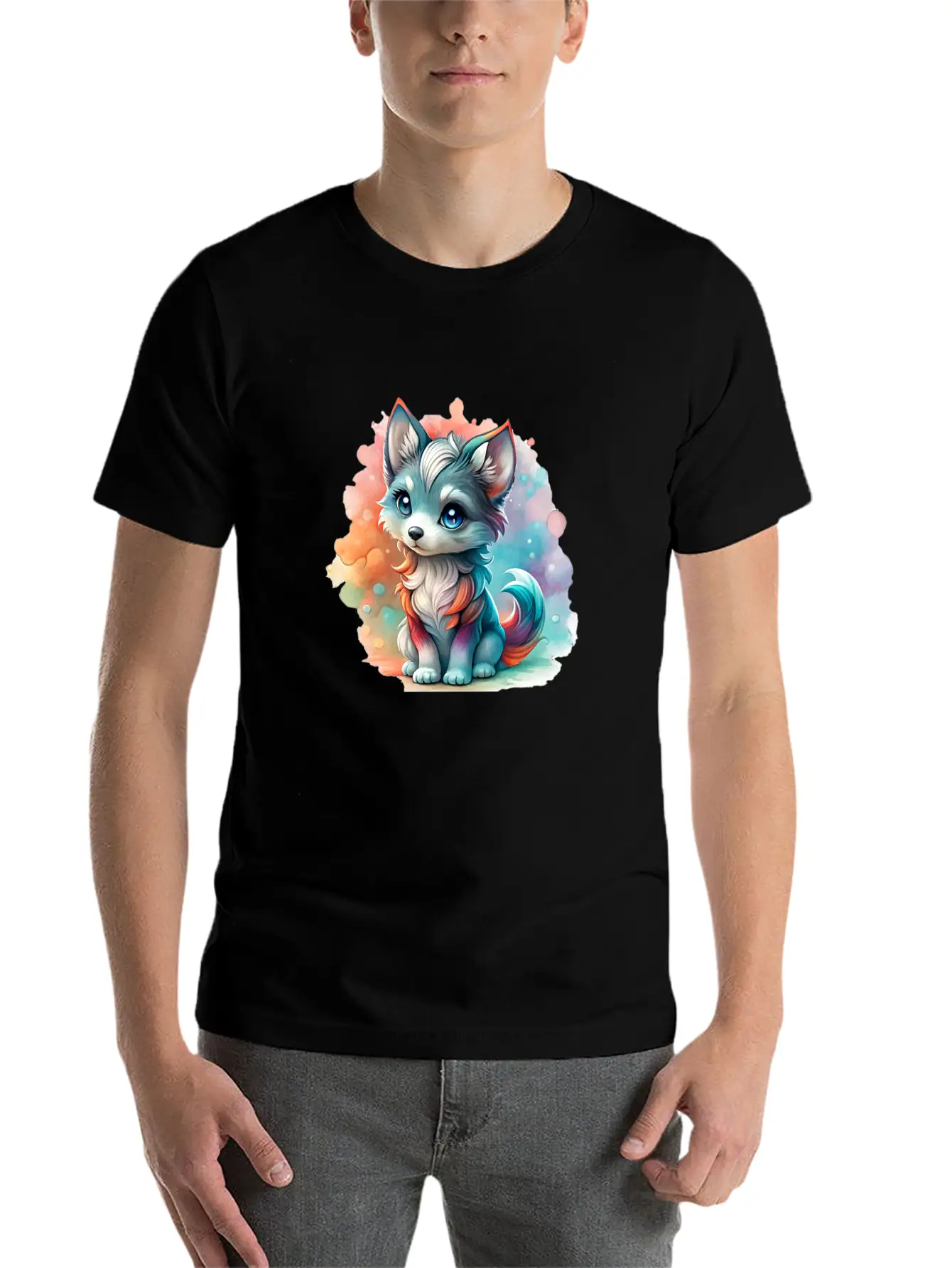 Cute Chibi Grey Wolf For Wolf Lovers - White Essential Cotton Tee For Daily Outfits – Unisex Style