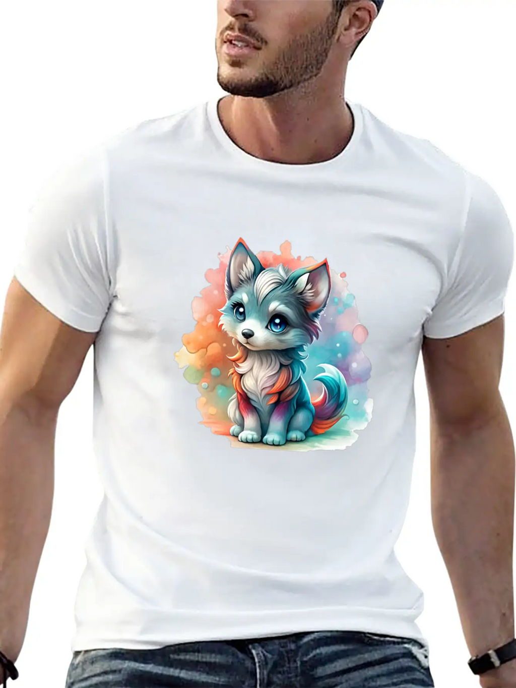 Cute Chibi Grey Wolf For Wolf Lovers - White Essential Cotton Tee For Daily Outfits – Unisex Style
