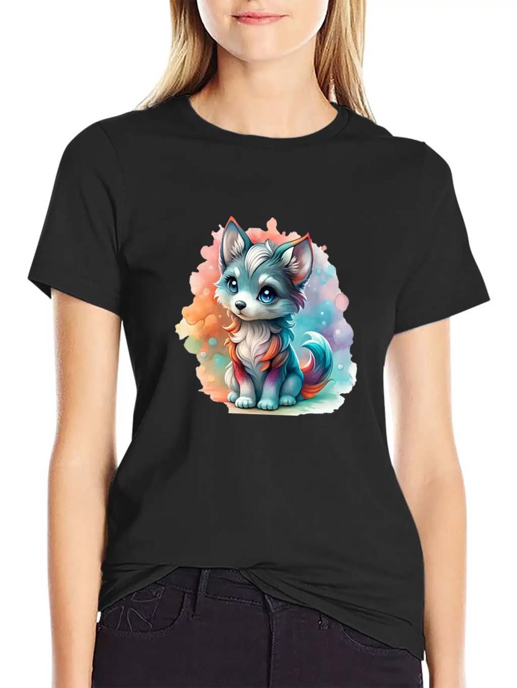 Cute Chibi Grey Wolf For Wolf Lovers - White Essential Cotton Tee For Daily Outfits – Unisex Style
