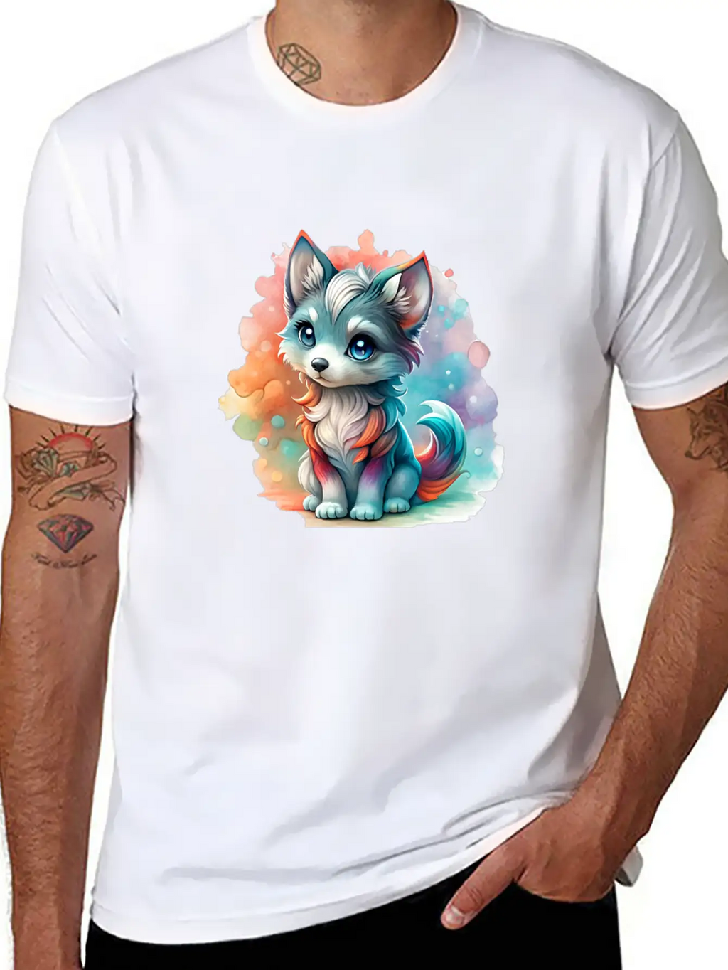 Cute Chibi Grey Wolf For Wolf Lovers - White Essential Cotton Tee For Daily Outfits – Unisex Style
