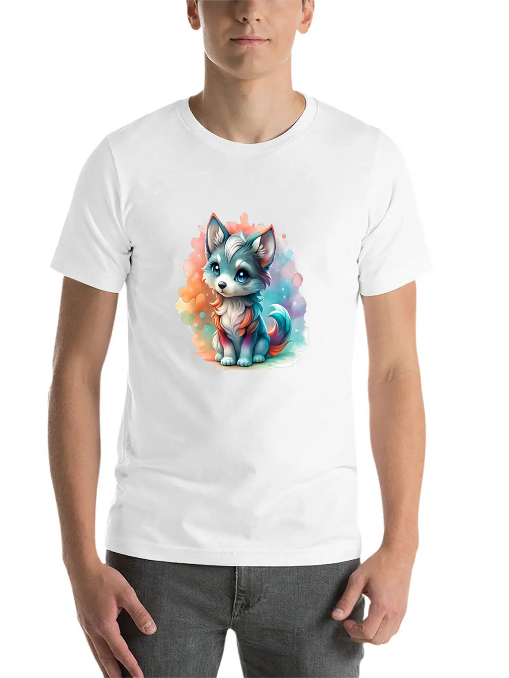 Cute Chibi Grey Wolf For Wolf Lovers - White Essential Cotton Tee For Daily Outfits – Unisex Style