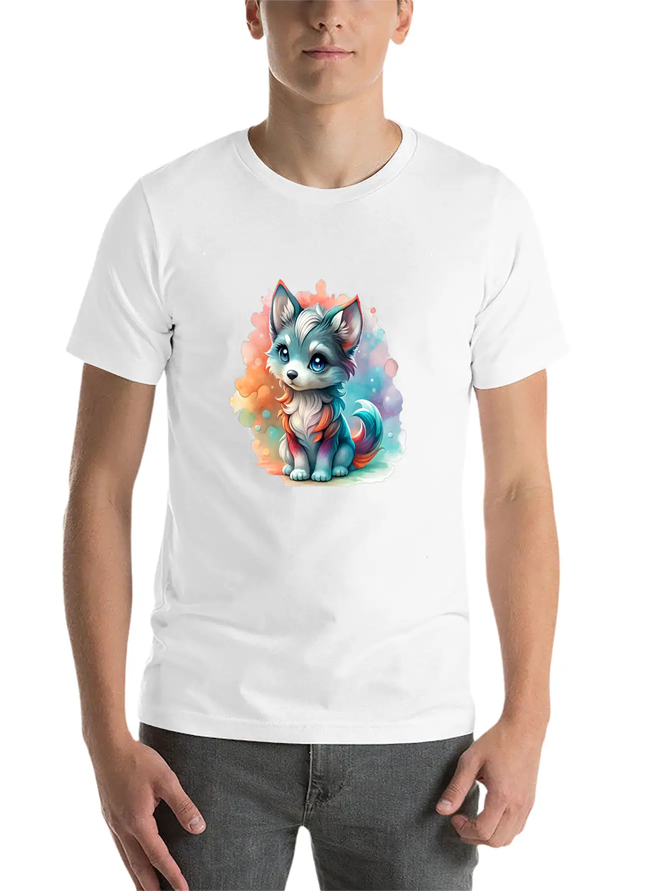 Cute Chibi Grey Wolf For Wolf Lovers - White Essential Cotton Tee For Daily Outfits – Unisex Style