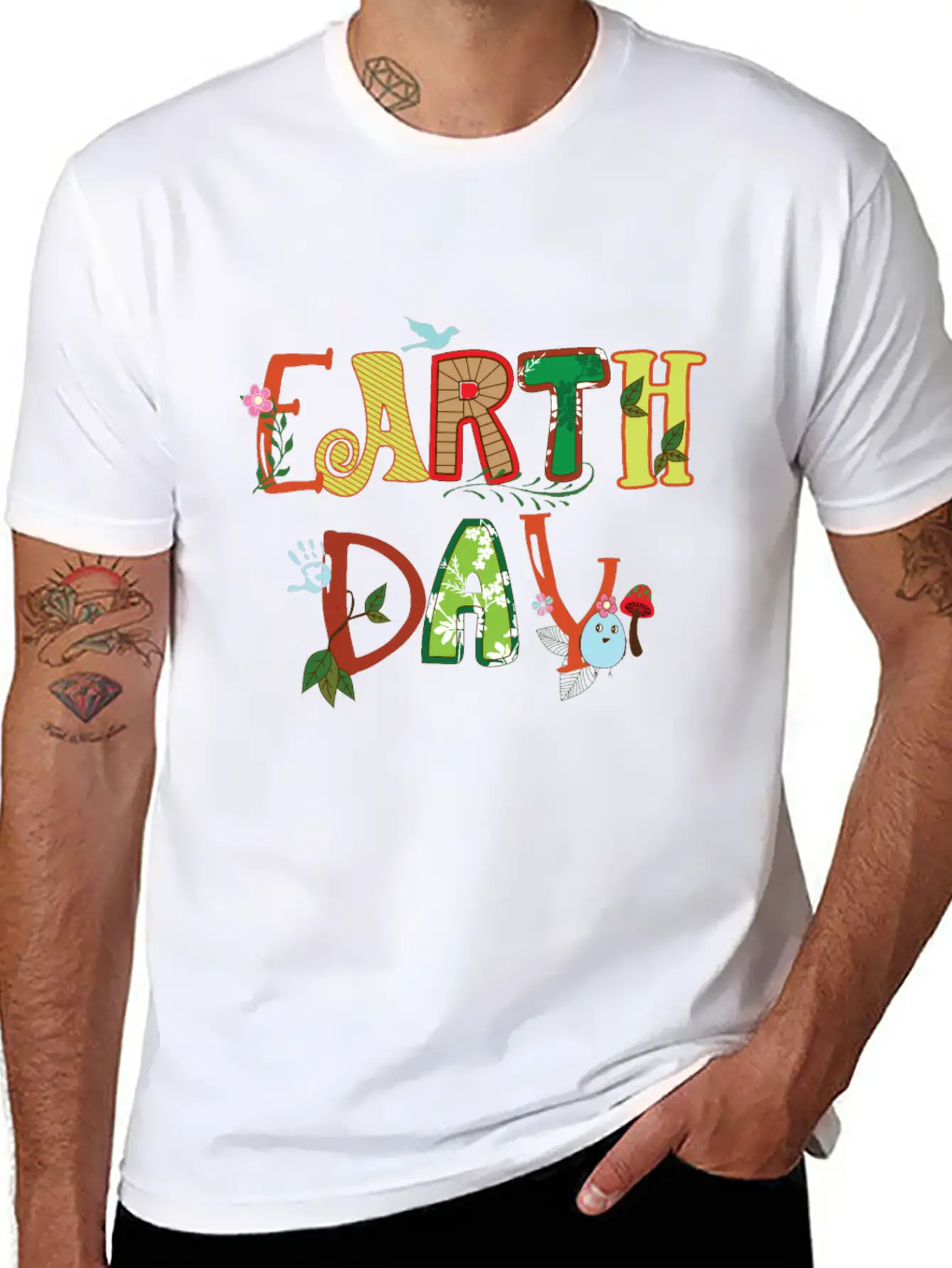 Cute Earth Day Leaves Vines Plants Letters Graphic Unisex Short Sleeve Soft Cotton T-Shirt – Casual Everyday Wear