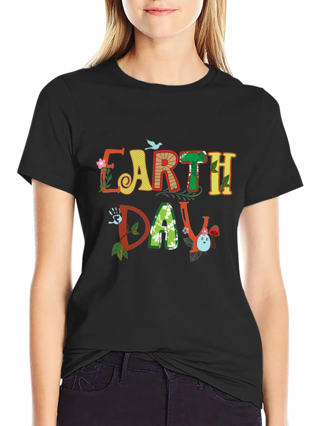 Cute Earth Day Leaves Vines Plants Letters Graphic Unisex Short Sleeve Soft Cotton T-Shirt – Casual Everyday Wear