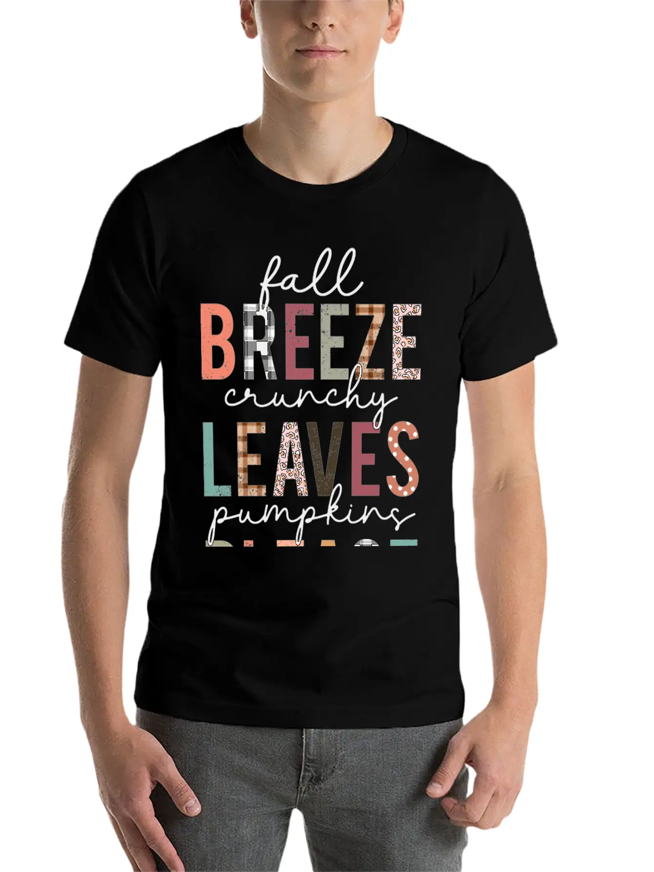Cute Fall Breeze Crunchy Leaves Pumpkins Please Casual Graphic T-Shirt – Simple And Comfortable Daily Wear