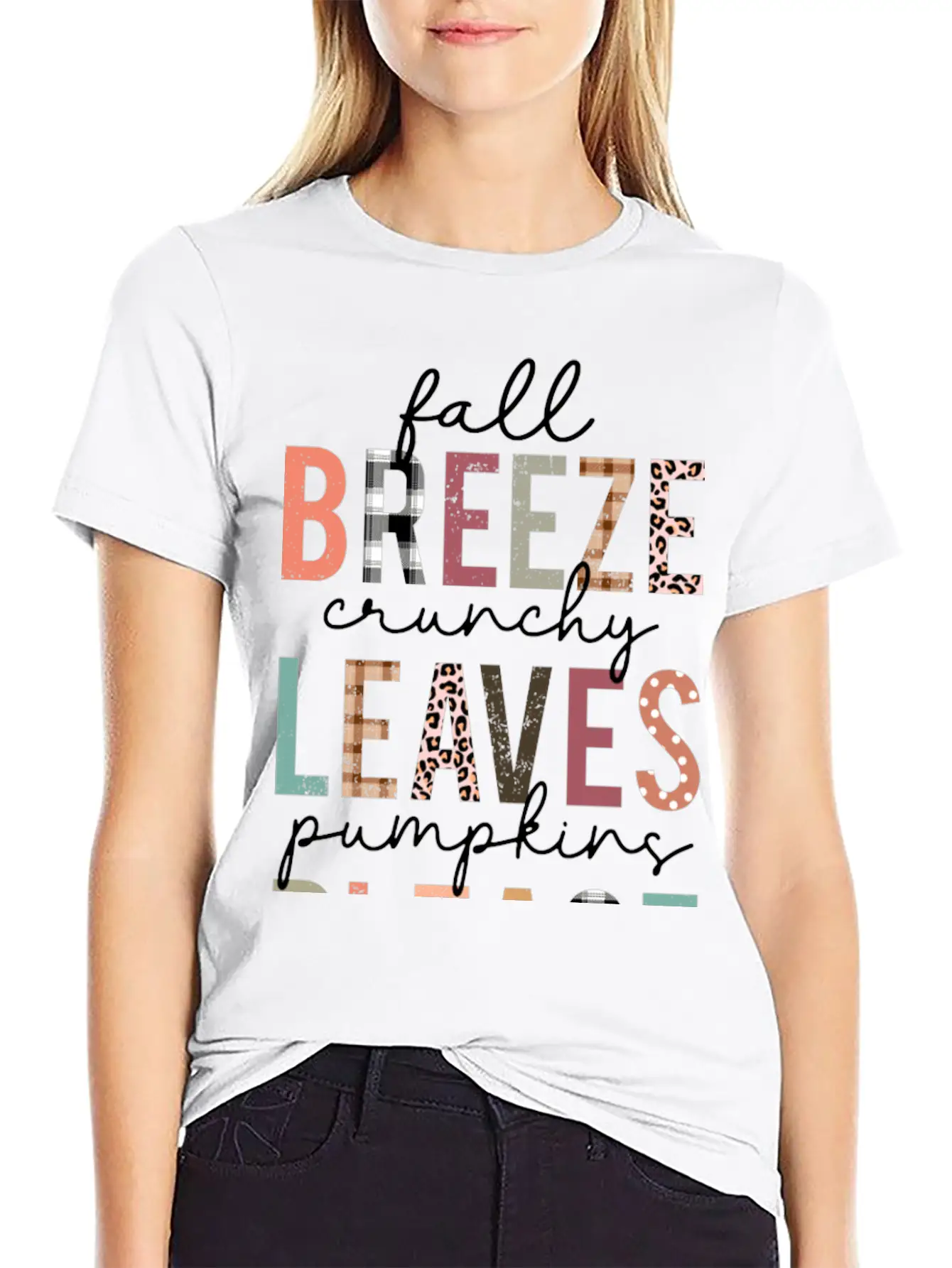 Cute Fall Breeze Crunchy Leaves Pumpkins Please Casual Graphic T-Shirt – Simple And Comfortable Daily Wear