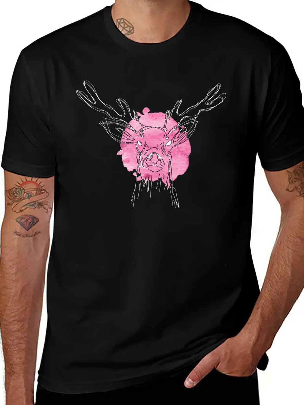 Cute Hand Drawn Deer With Pink Color Slpash Breathable Graphic T-Shirt – Perfect For Casual Days