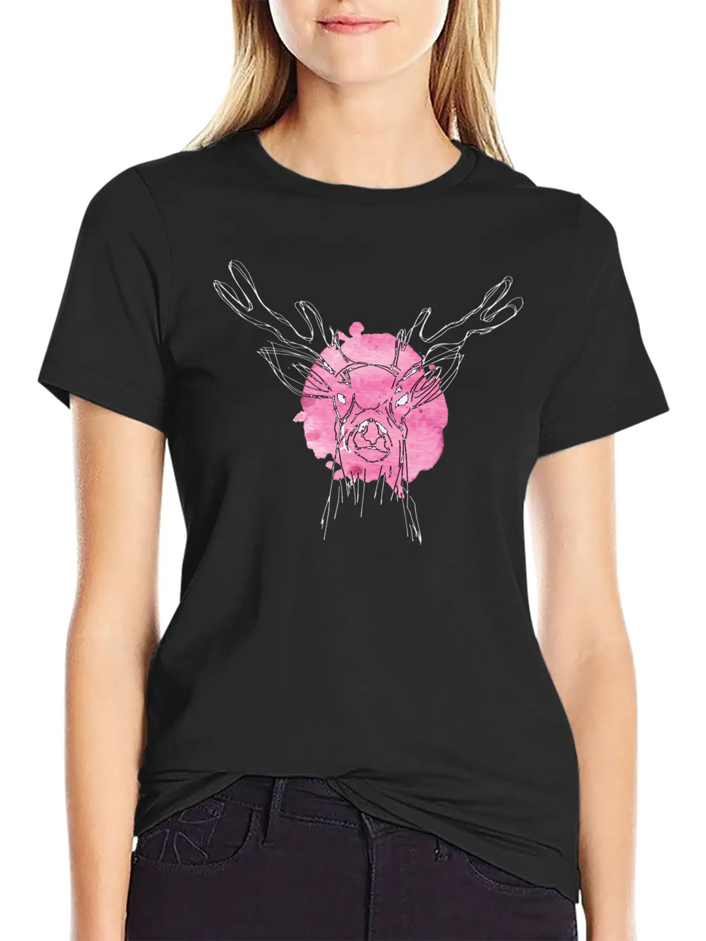 Cute Hand Drawn Deer With Pink Color Slpash Breathable Graphic T-Shirt – Perfect For Casual Days
