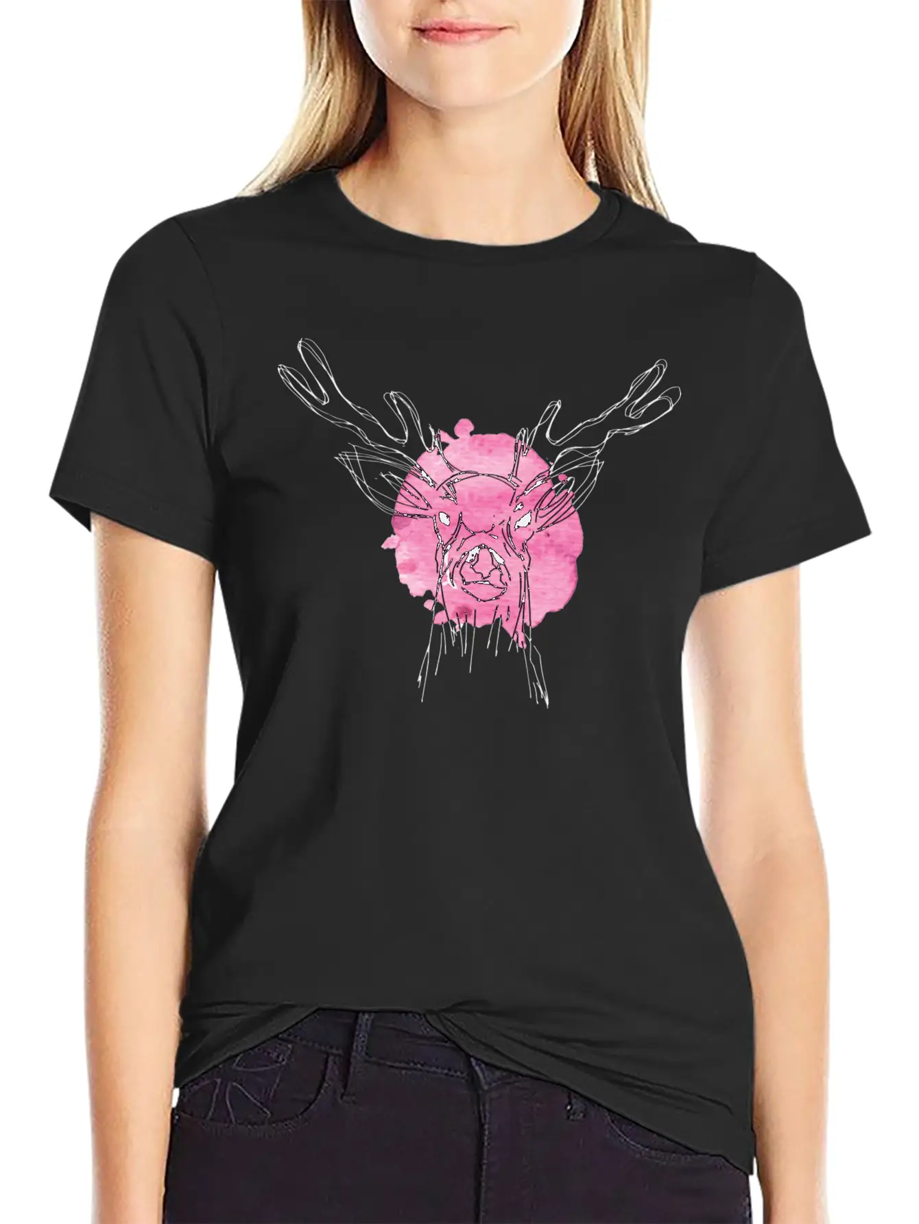 Cute Hand Drawn Deer With Pink Color Slpash Breathable Graphic T-Shirt – Perfect For Casual Days