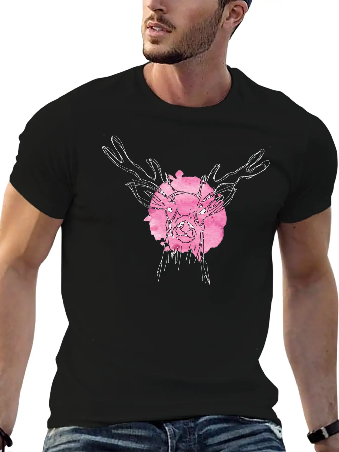 Cute Hand Drawn Deer With Pink Color Slpash Breathable Graphic T-Shirt – Perfect For Casual Days