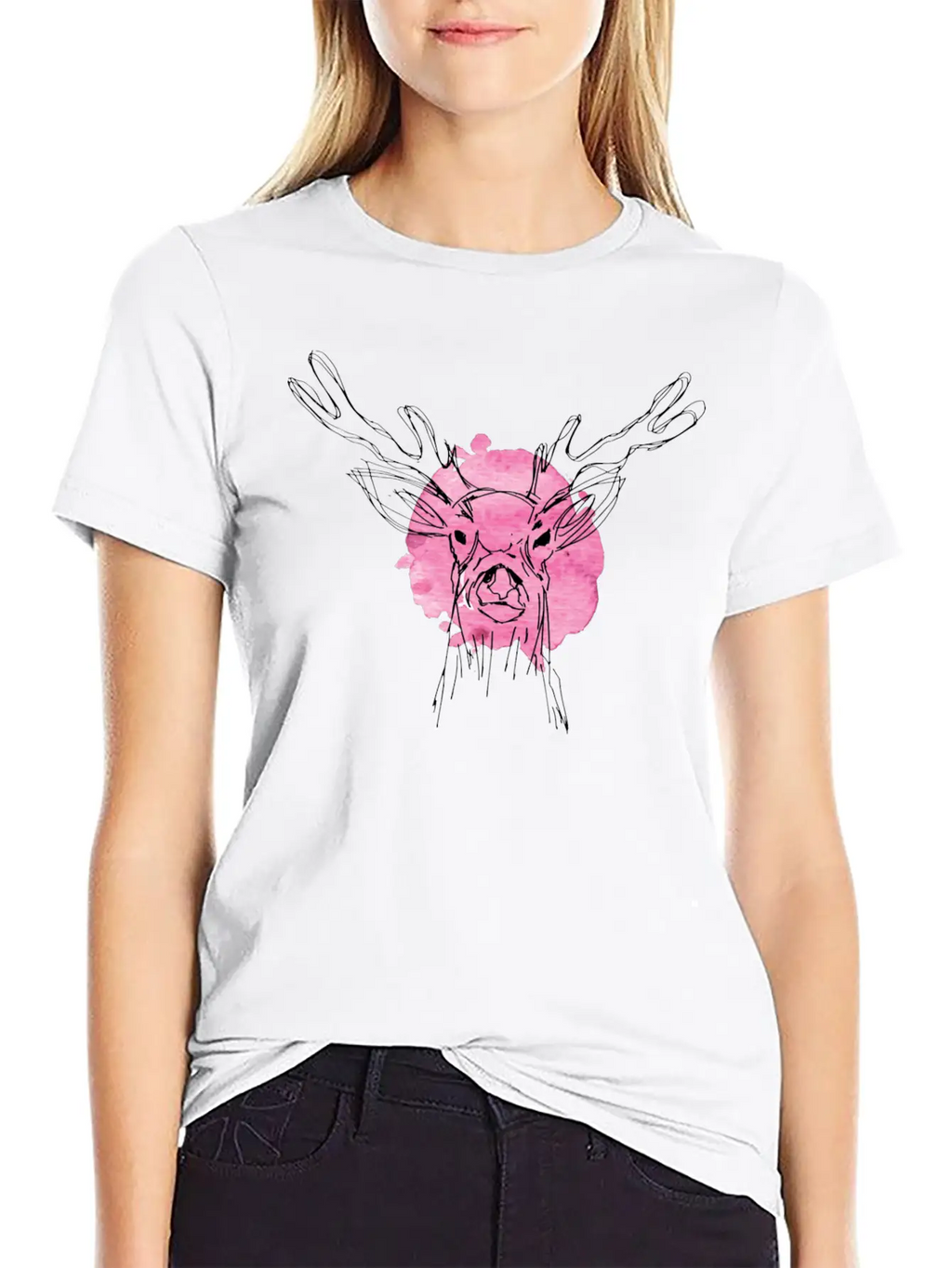 Cute Hand Drawn Deer With Pink Color Slpash Breathable Graphic T-Shirt – Perfect For Casual Days