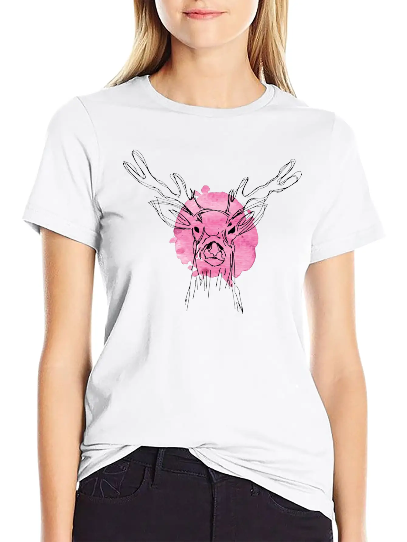 Cute Hand Drawn Deer With Pink Color Slpash Breathable Graphic T-Shirt – Perfect For Casual Days