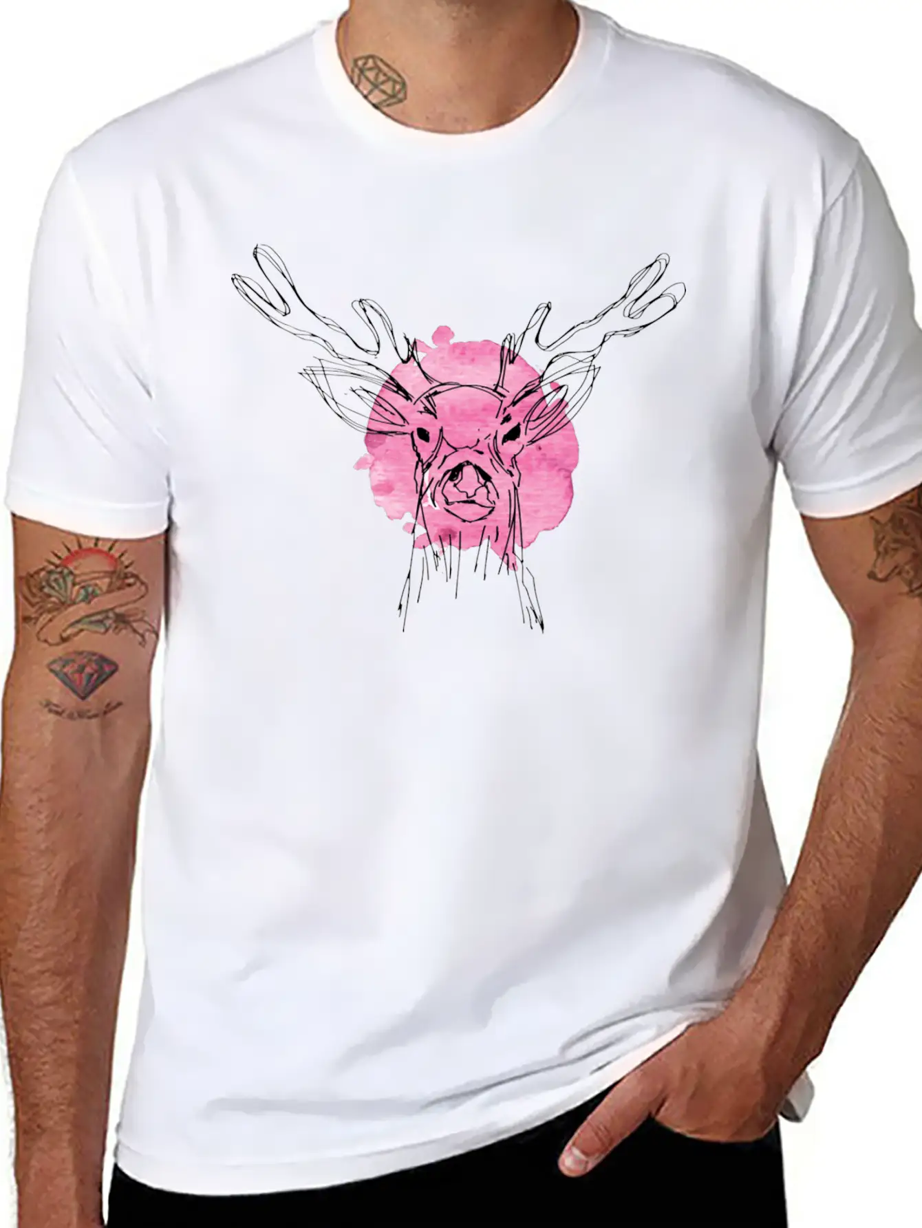 Cute Hand Drawn Deer With Pink Color Slpash Breathable Graphic T-Shirt – Perfect For Casual Days