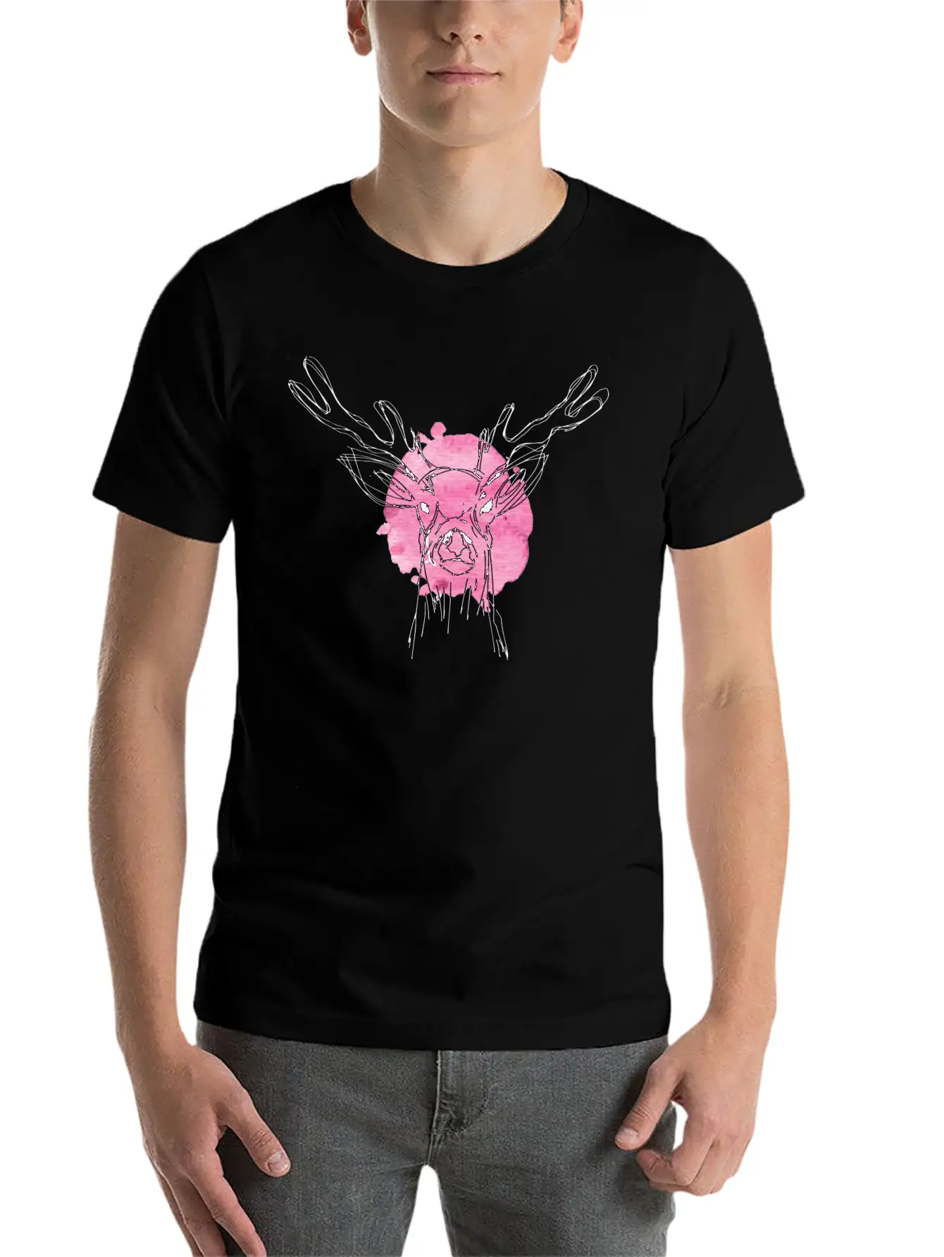Cute Hand Drawn Deer With Pink Color Slpash Breathable Graphic T-Shirt – Perfect For Casual Days