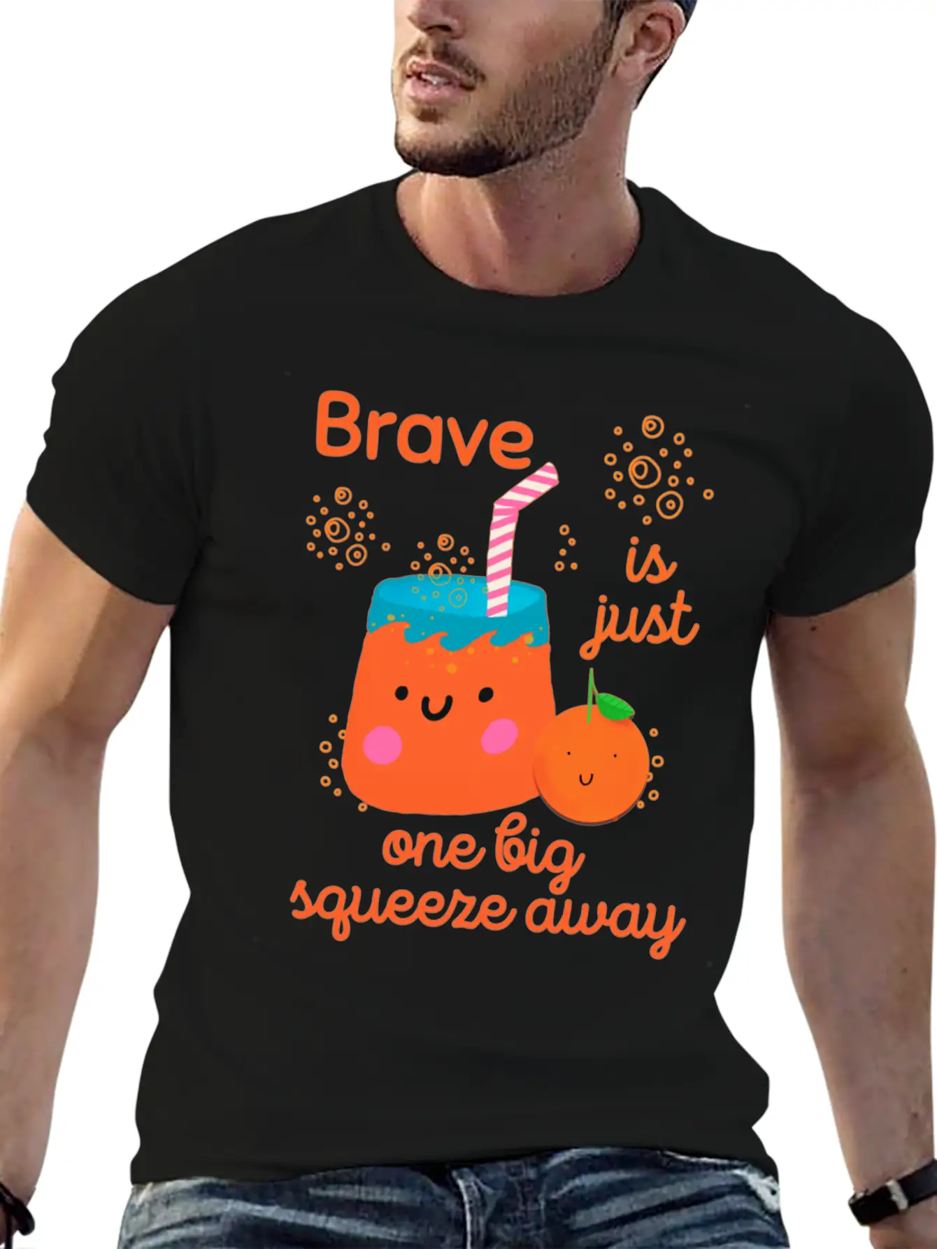 Cute Kawaii Orange Juice Bravery Unisex Short Sleeve Soft Cotton T-Shirt – Casual Everyday Wear