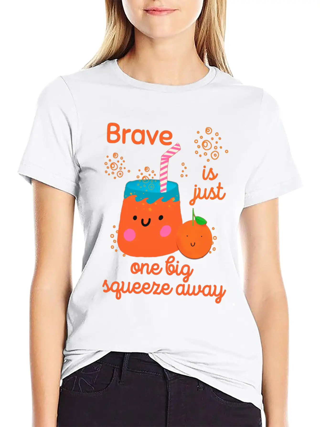 Cute Kawaii Orange Juice Bravery Unisex Short Sleeve Soft Cotton T-Shirt – Casual Everyday Wear