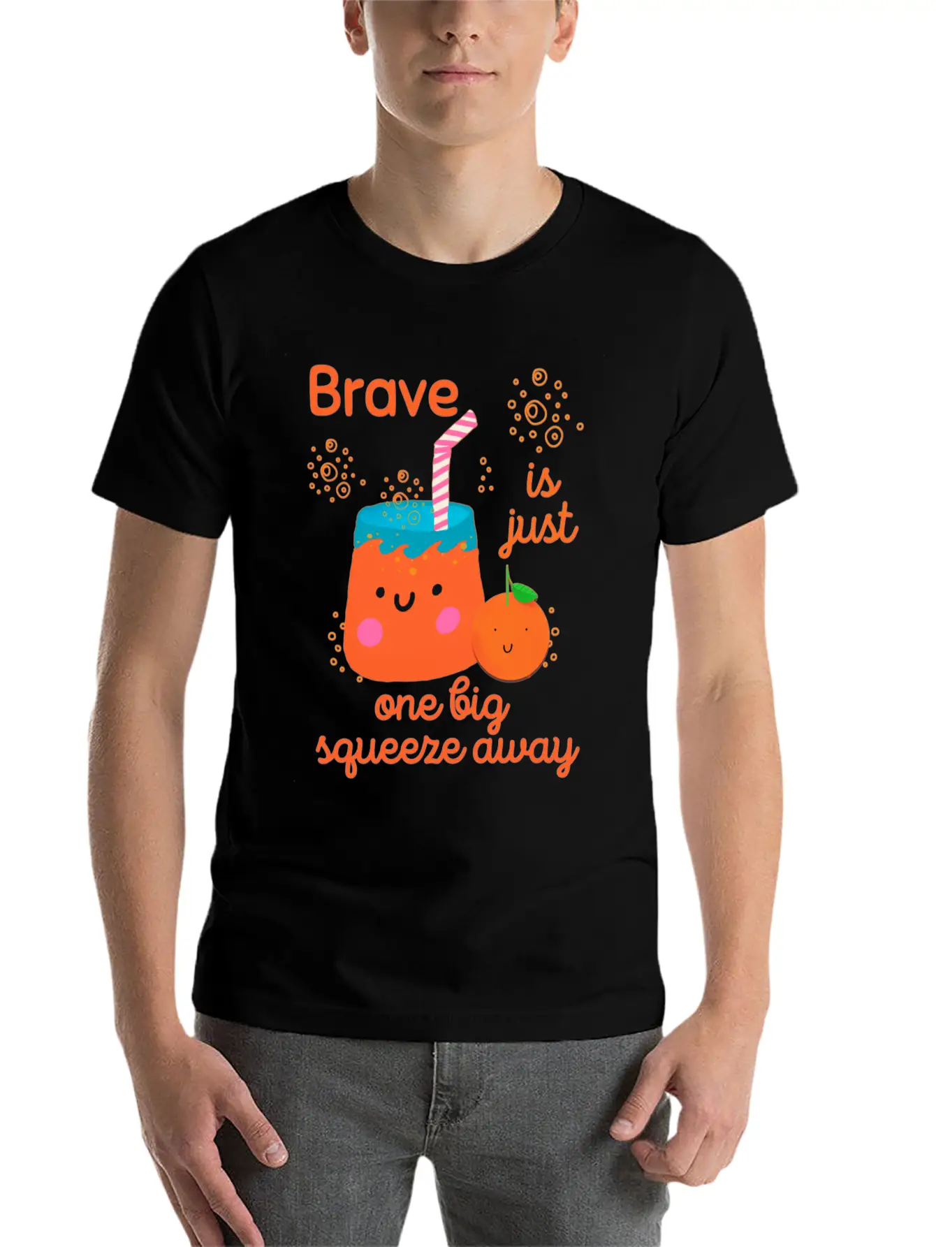 Cute Kawaii Orange Juice Bravery Unisex Short Sleeve Soft Cotton T-Shirt – Casual Everyday Wear