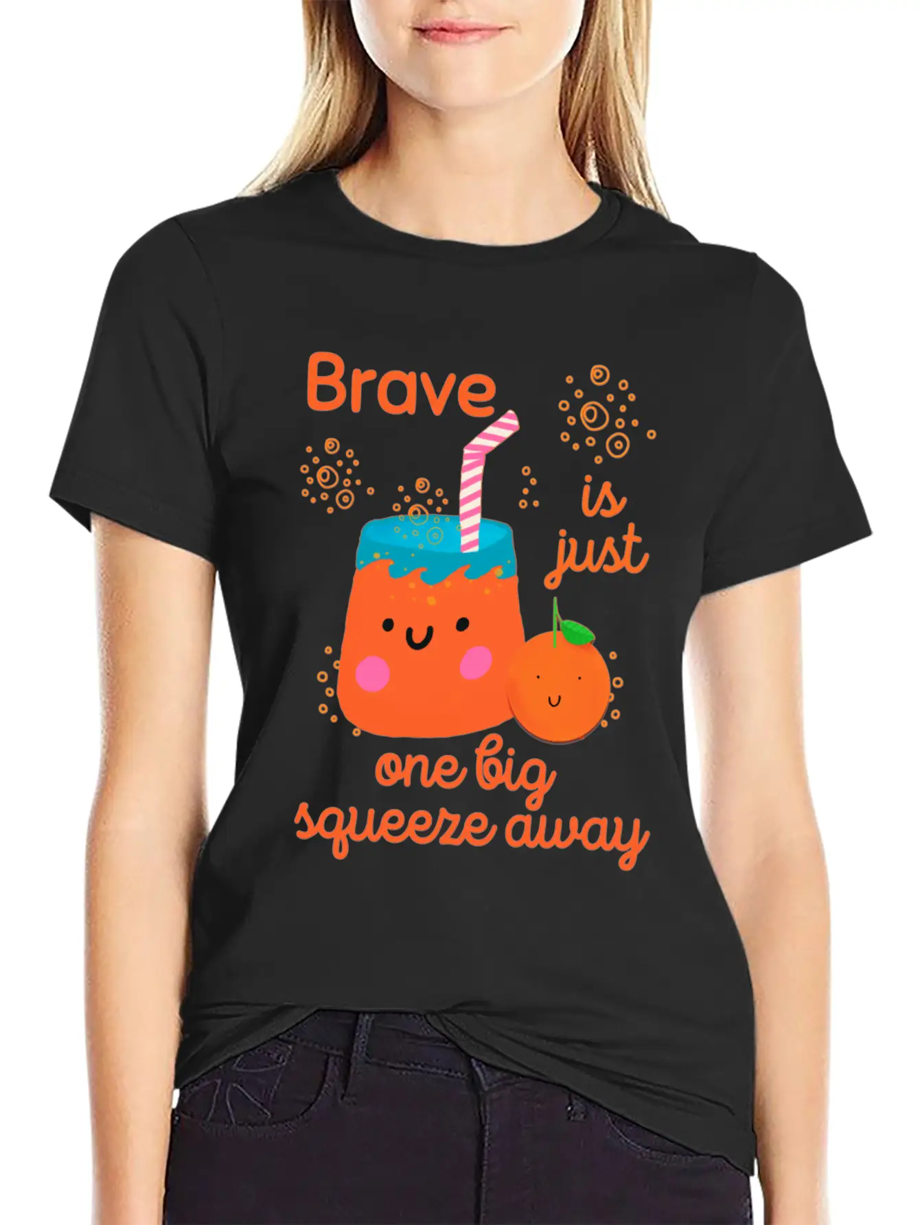 Cute Kawaii Orange Juice Bravery Unisex Short Sleeve Soft Cotton T-Shirt – Casual Everyday Wear