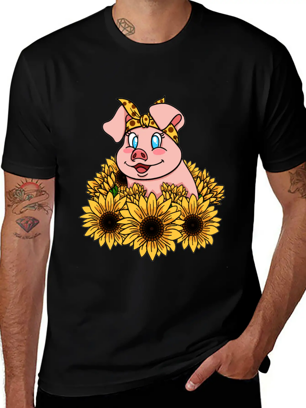 Cute Piggy With Sunflowers Unisex Casual T-Shirt – Clean Design For Daily Comfort