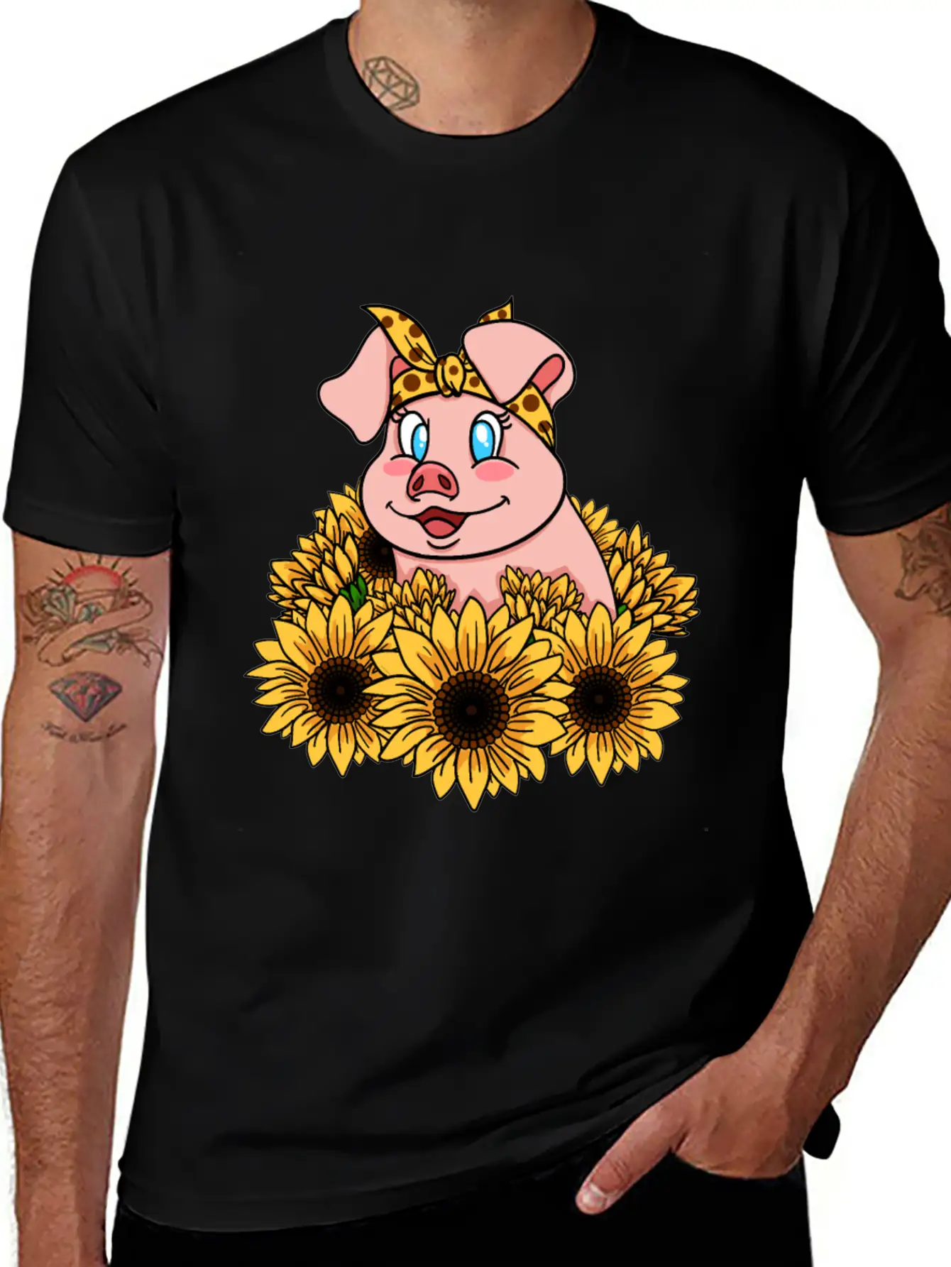 Cute Piggy With Sunflowers Unisex Casual T-Shirt – Clean Design For Daily Comfort