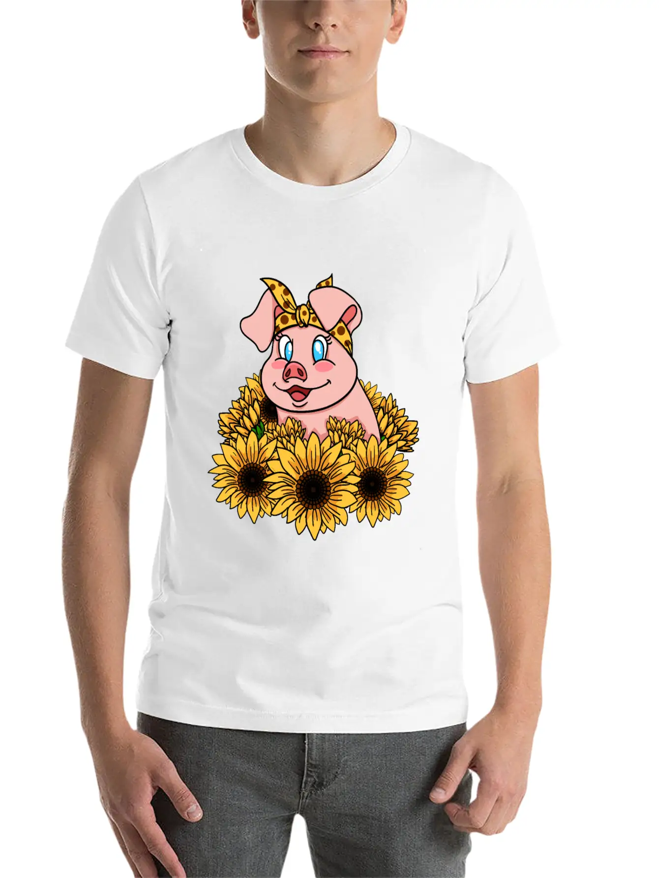 Cute Piggy With Sunflowers Unisex Casual T-Shirt – Clean Design For Daily Comfort