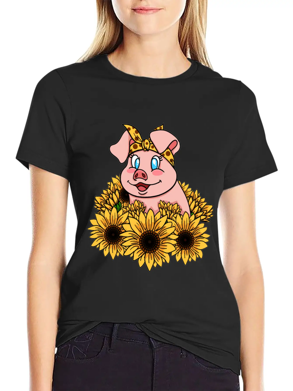 Cute Piggy With Sunflowers Unisex Casual T-Shirt – Clean Design For Daily Comfort