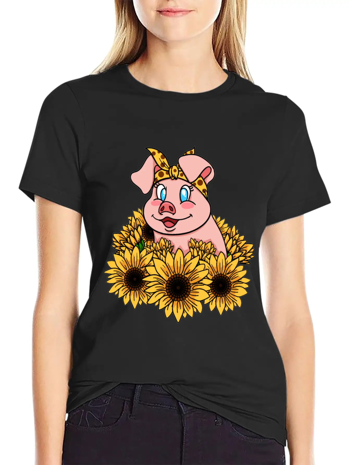 Cute Piggy With Sunflowers Unisex Casual T-Shirt – Clean Design For Daily Comfort