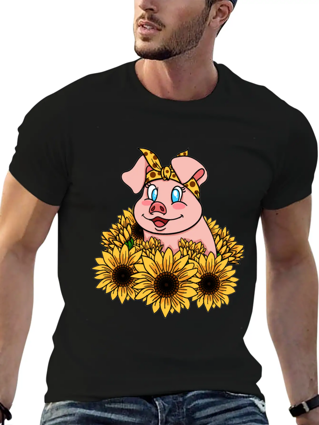 Cute Piggy With Sunflowers Unisex Casual T-Shirt – Clean Design For Daily Comfort