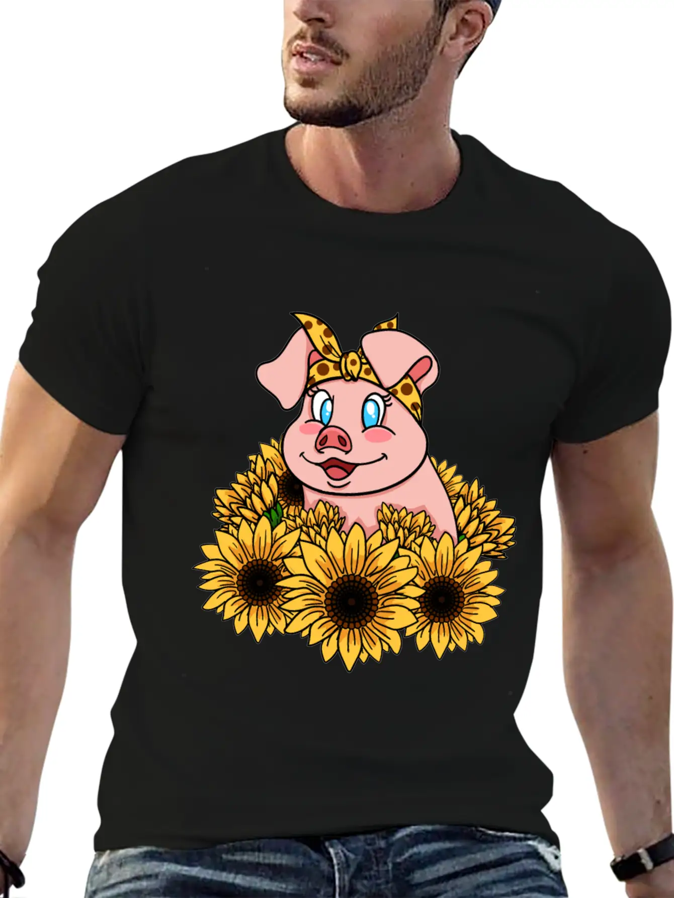 Cute Piggy With Sunflowers Unisex Casual T-Shirt – Clean Design For Daily Comfort