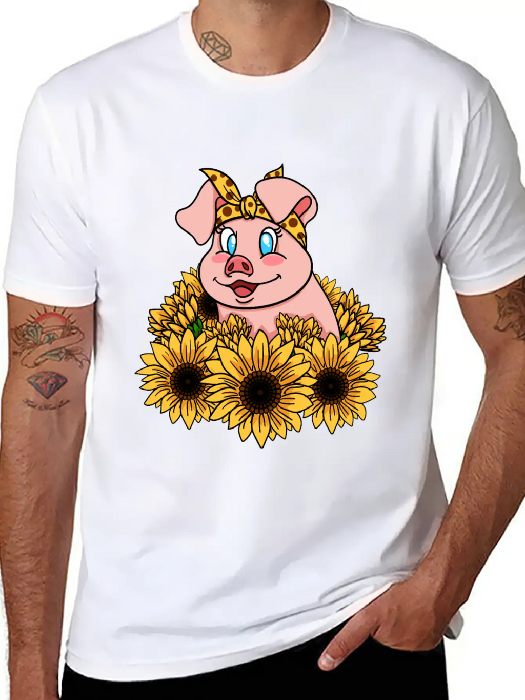 Cute Piggy With Sunflowers Unisex Casual T-Shirt – Clean Design For Daily Comfort