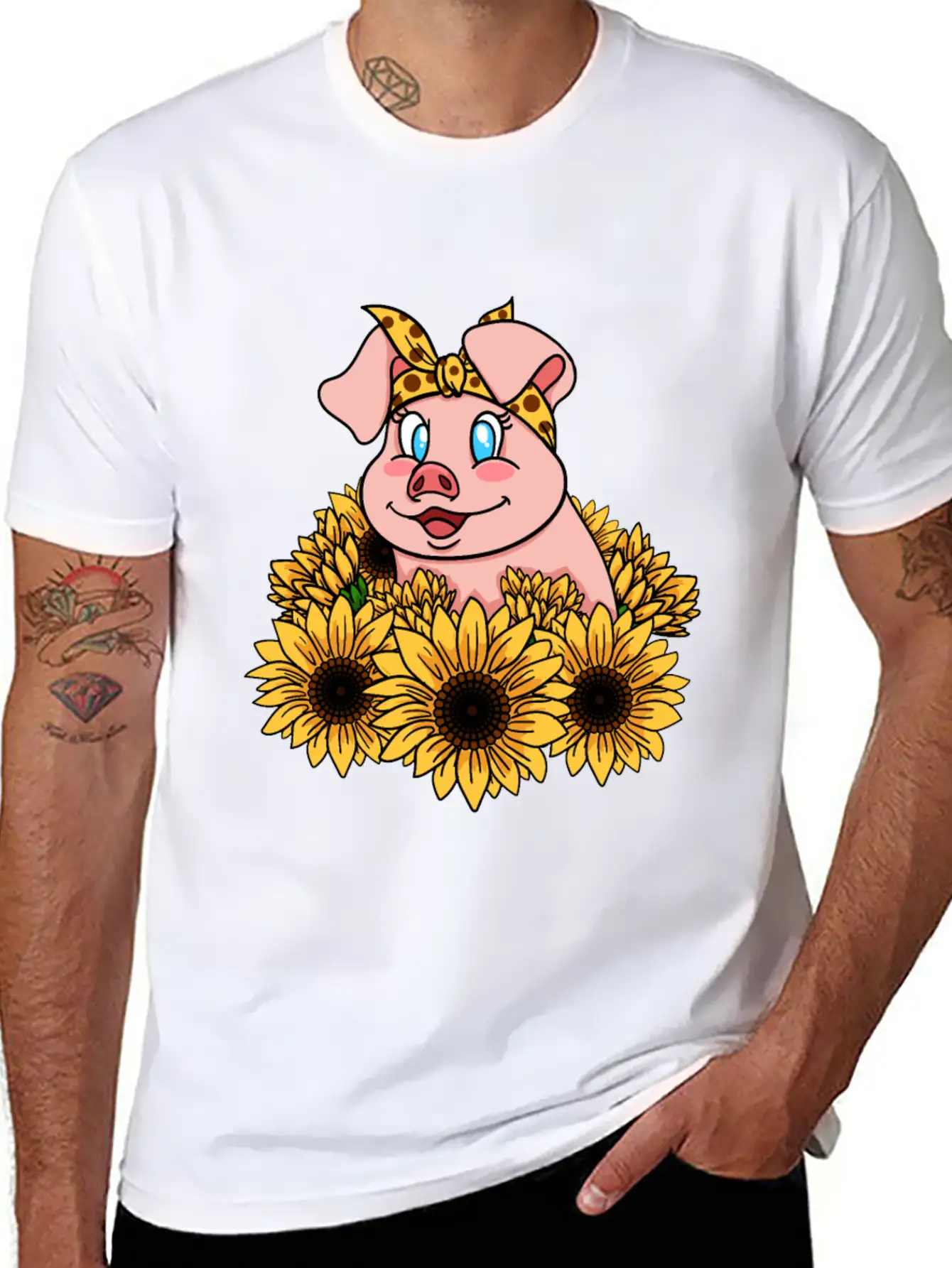 Cute Piggy With Sunflowers Unisex Casual T-Shirt – Clean Design For Daily Comfort