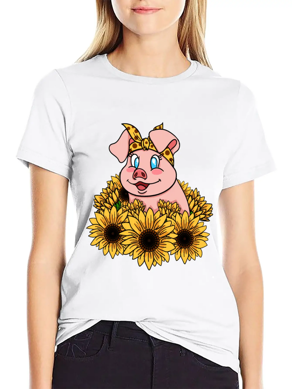 Cute Piggy With Sunflowers Unisex Casual T-Shirt – Clean Design For Daily Comfort